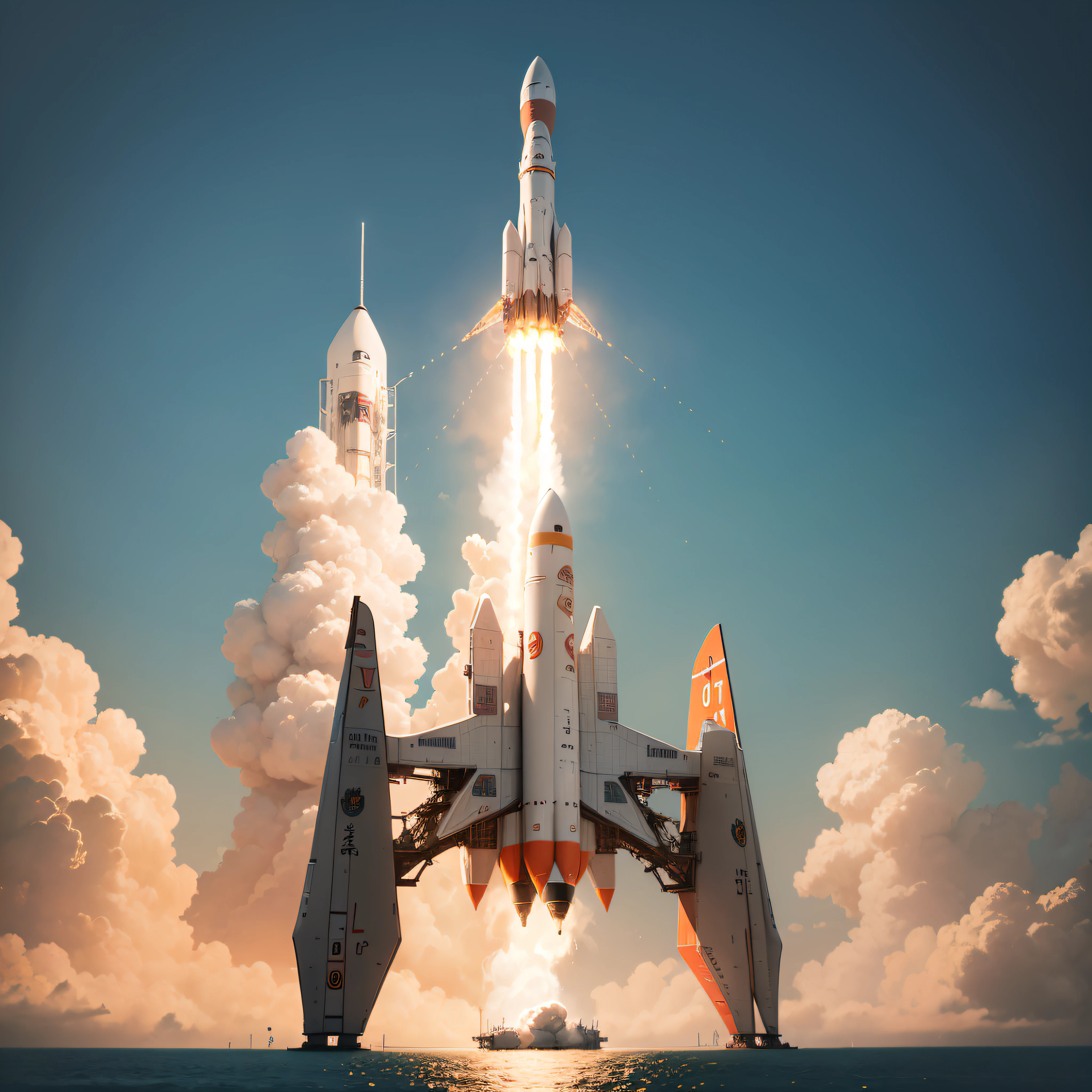 Logo design,Simple,there is a very long blue and orange jet flying through the sky, launch of a rocket, super cool rocket, rocket launch, concept illustration, concept illustartion, in style of kyrill kotashev, the spaceship is on fire, launching to space, rocket, stylized digital illustration, Simple and clean illustration, rocket ship, rocket launch,The rocket Chinese the ocean under the "Hainan Commercial Development" rocket --auto