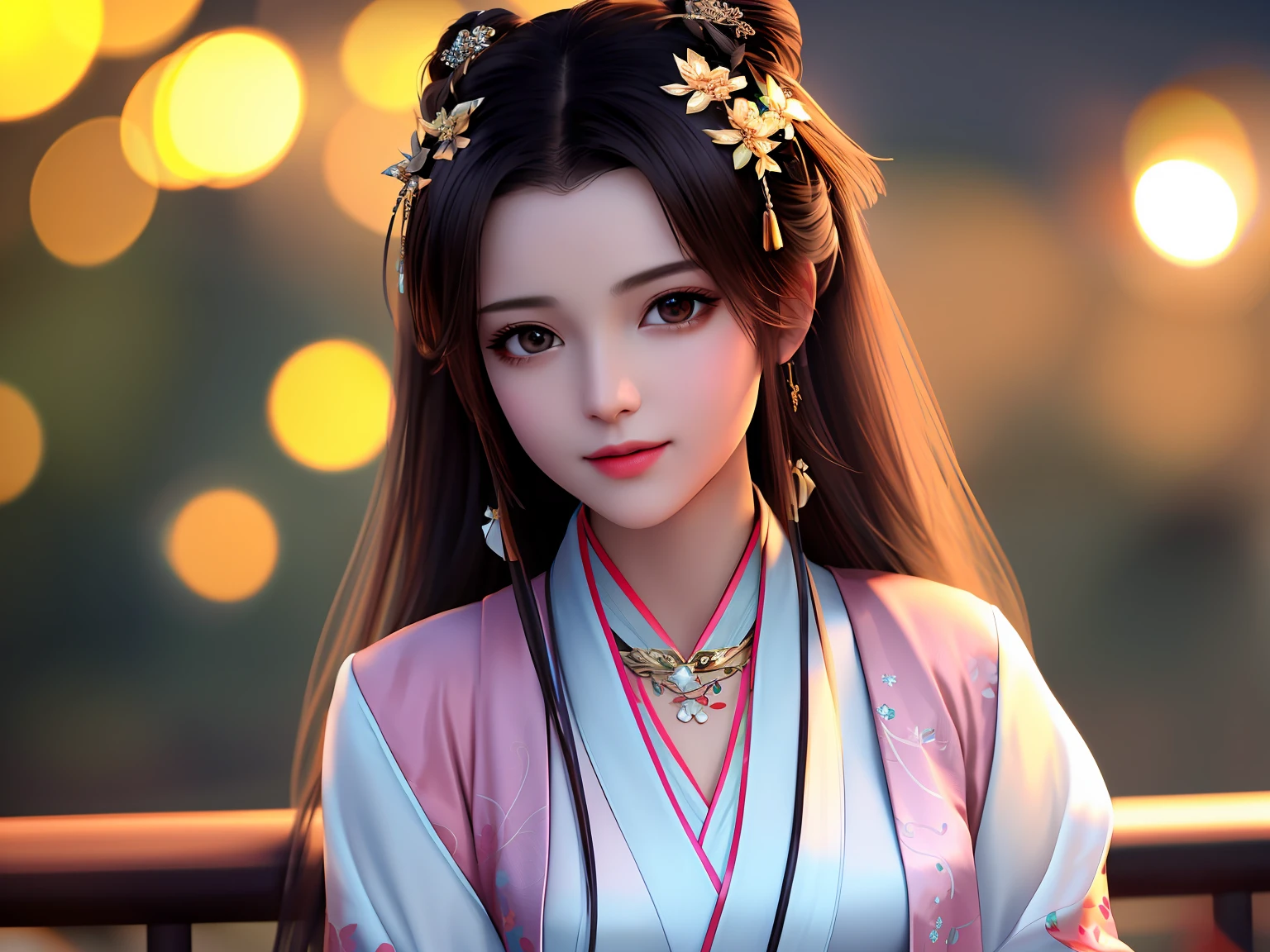 best quality, masterpiece, highres, 1girl,blush,(seductive smile:0.8),star-shaped pupils,china hanfu,hair ornament,necklace, jewelry,Beautiful face,upon_body, tyndall effect,photorealistic, dark studio, rim lighting, two tone lighting,(high detailed skin:1.2), 8k uhd, dslr, soft lighting, high quality, volumetric lighting, candid, Photograph, high resolution, 4k, 8k, Bokeh