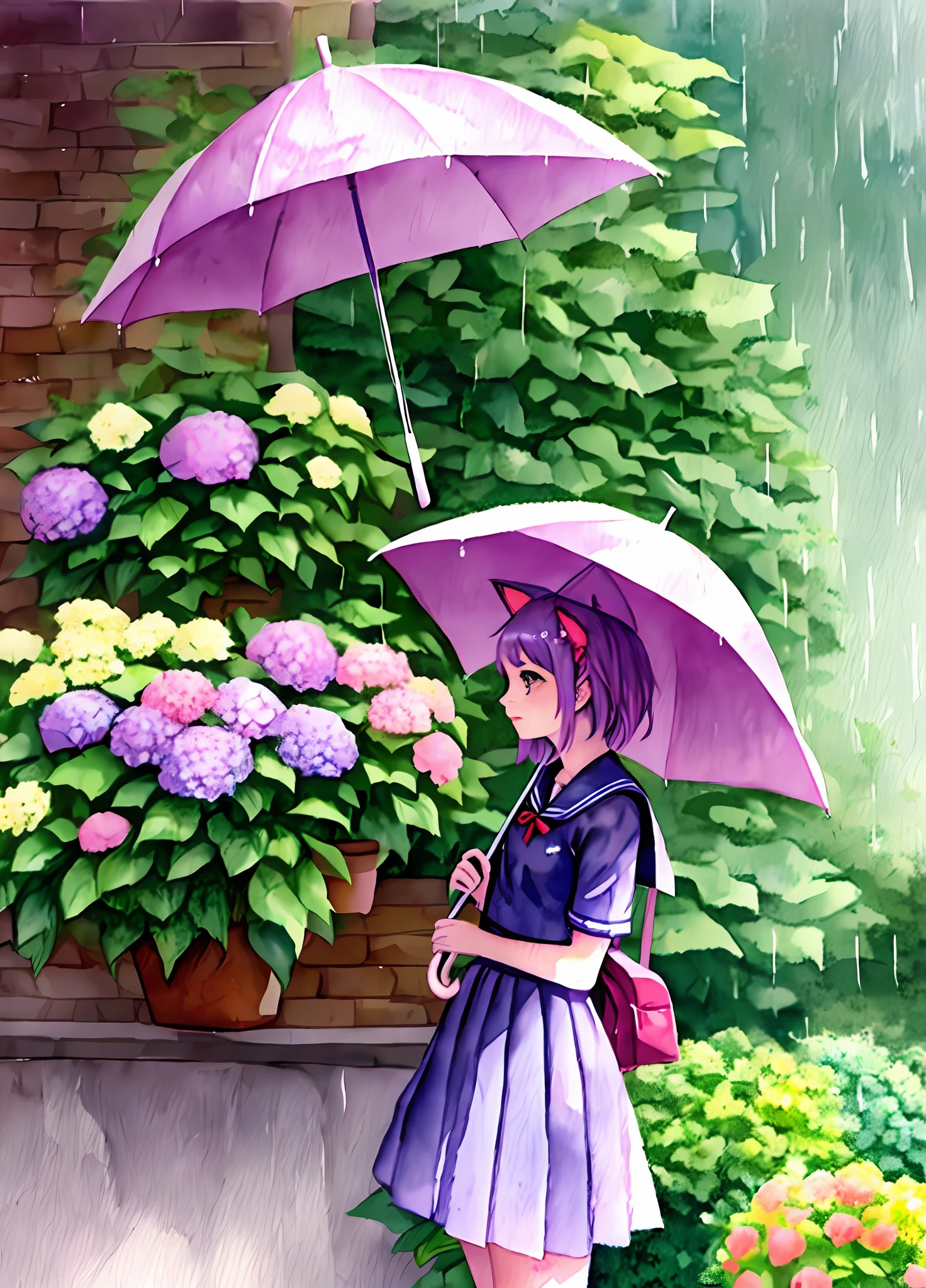 A girl high school student with cat ears and a cute atmosphere is depicted in a watercolor painting. The painting features a rainy day, a colorful umbrella, and a purple hydrangea. The color scheme is pastel.((seifuku))