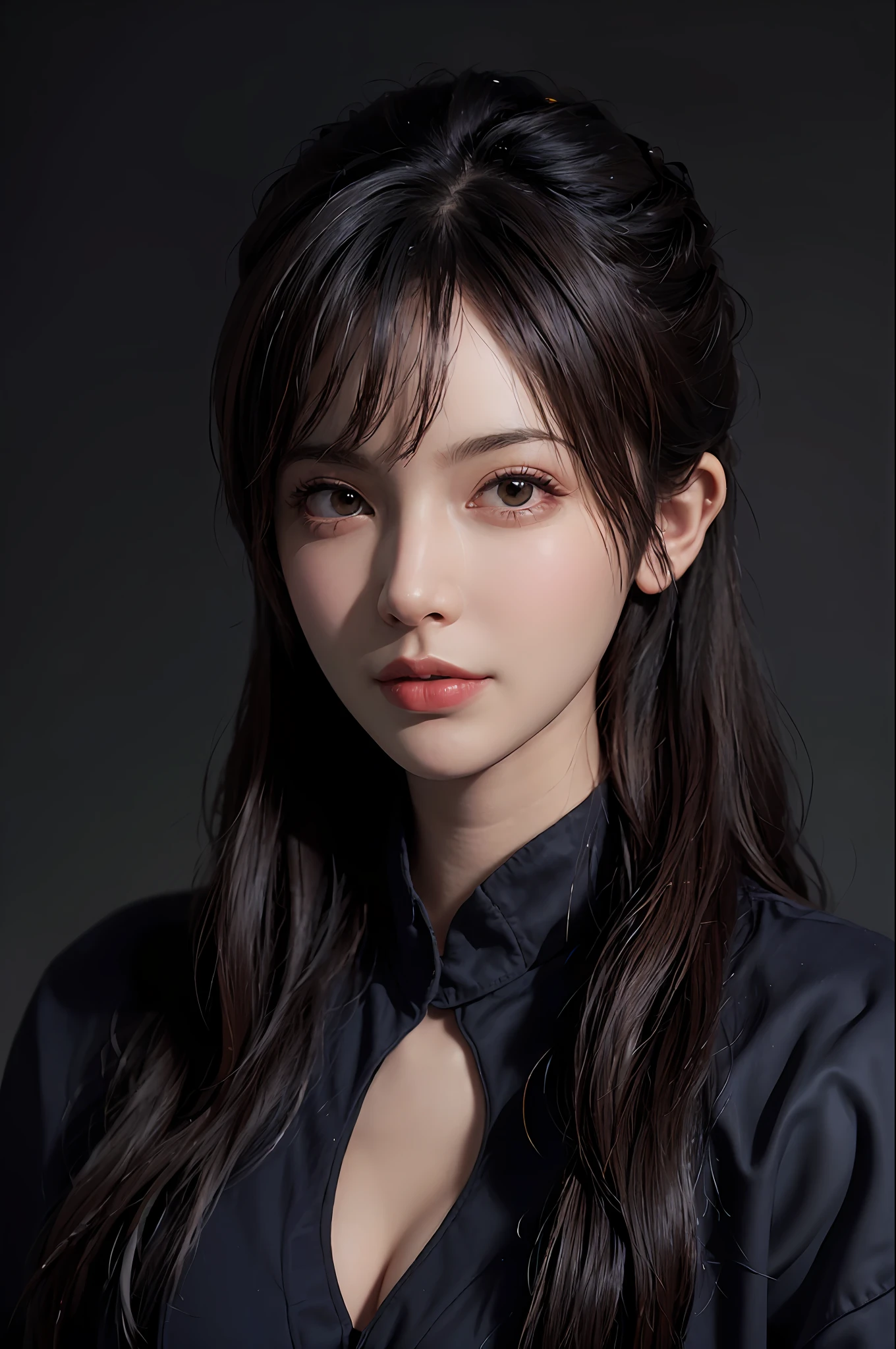 (front focus), (in the dark:1.6), Hyperrealist portrait of female by david hockney and alphonse mucha, fantasy art, photo realistic, dynamic lighting, artstation, poster, volumetric lighting, very detailed faces, 4 k, award winning, 1girl, in the dark, deep shadow, low key, cowboy shot, (official clothing:1.4), long hair, white hair