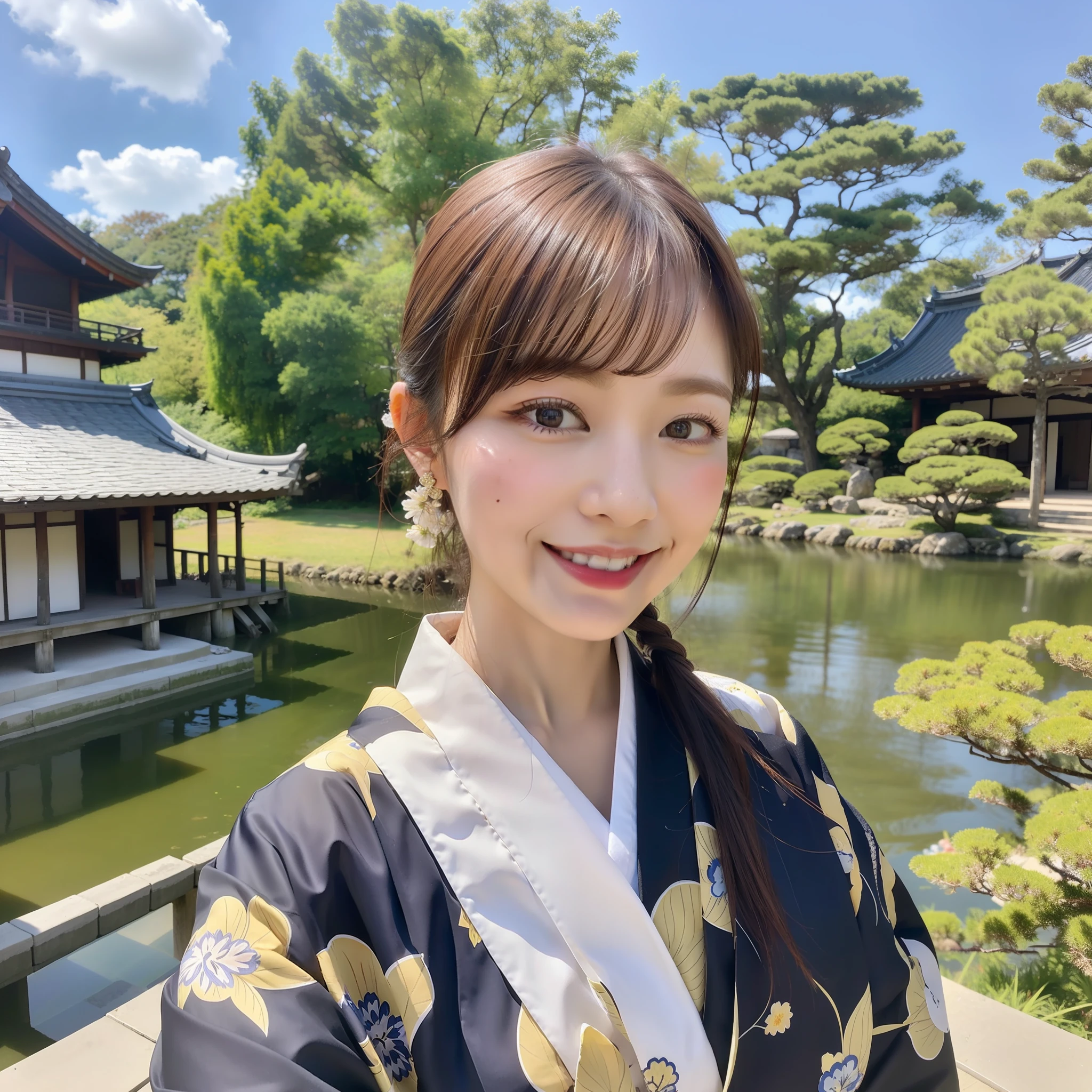 ((Best Masterpiece)), ((High Quality)), ((Real)), ((8k)) super beautiful, cute, furisode, dyed, luxury, kimono, kyoto, Japan persons, 24 years old, 2 female, slender, full-body, side-by-side, walking, sony slr photography, 1 long hair, 1 bob hair, looking at camera, kyoto cityscape, five-storied pagoda, smile, blue sky, background realistic, photo,moles under eyes, from the front,