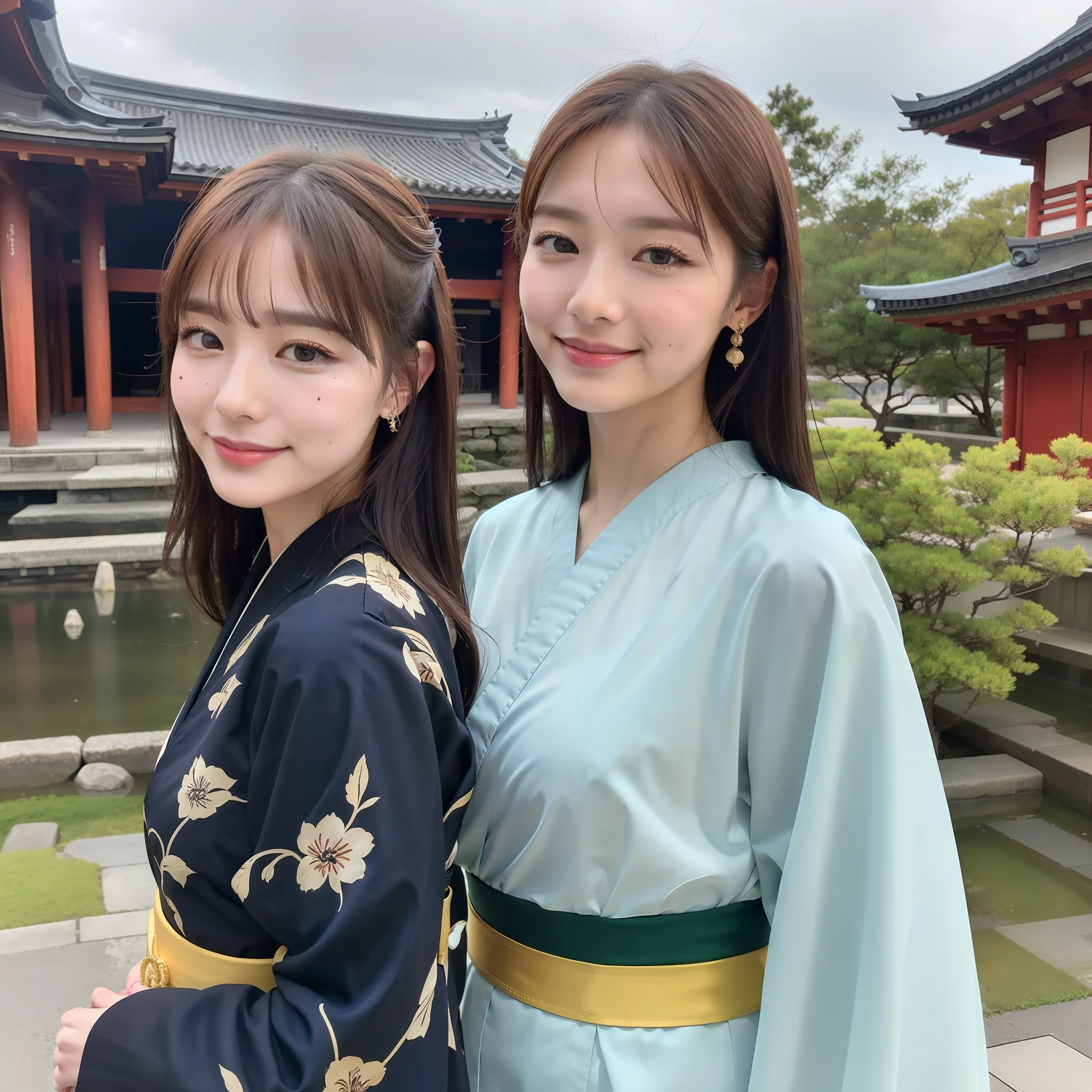 ((Best Masterpiece)), ((High Quality)), ((Real)), ((8k)) super beautiful, cute, furisode, dyed, luxury, kimono, kyoto, Japan persons, 24 years old, 2 female, slender, full-body, side-by-side, walking, sony slr photography, 1 long hair, 1 bob hair, looking at camera, kyoto cityscape, five-storied pagoda, smile, blue sky, background realistic, photo,moles under eyes, from the front,