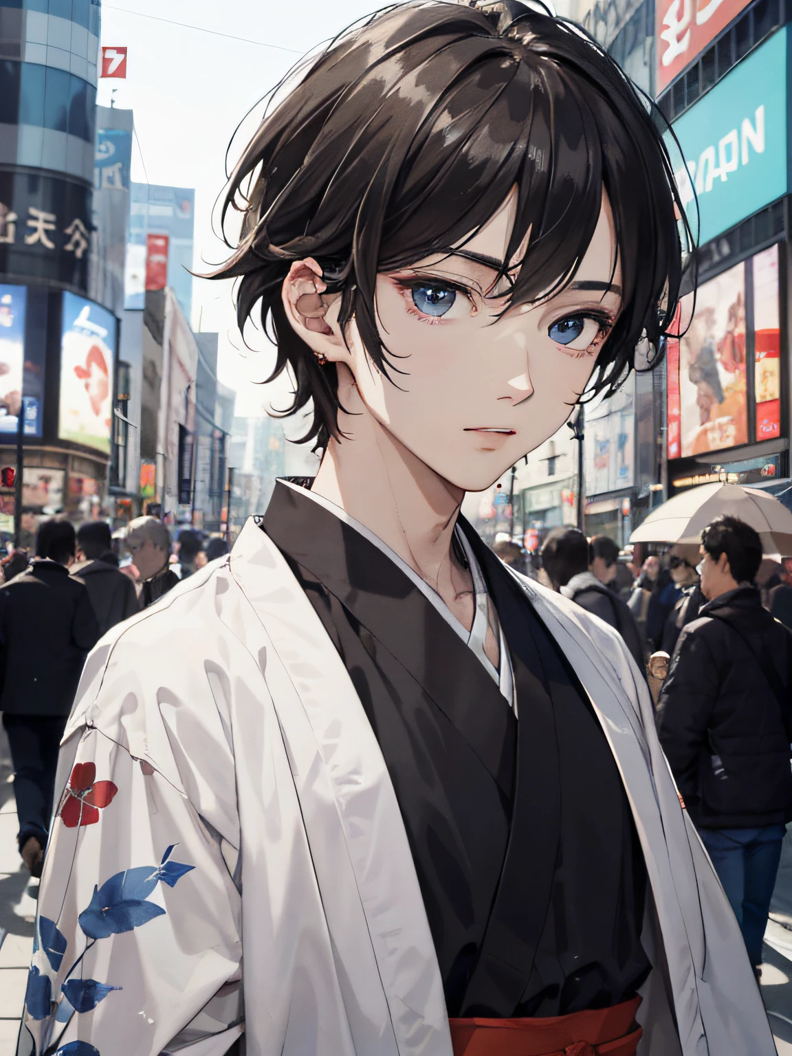absurd, high-res, hyper-detailed, texture detail, clear presentation, HD details, detail performance, finely detail, Clear face, precise restoration, clear eyeballs, (1man: 1.3), hand-drawn, simple lines, an 18-year-old man in colorful Hanfu,　City of Shibuya、 masterpiece, outdoors, Boy、handsome man、night、handsome、A Man、Boy、short hair
