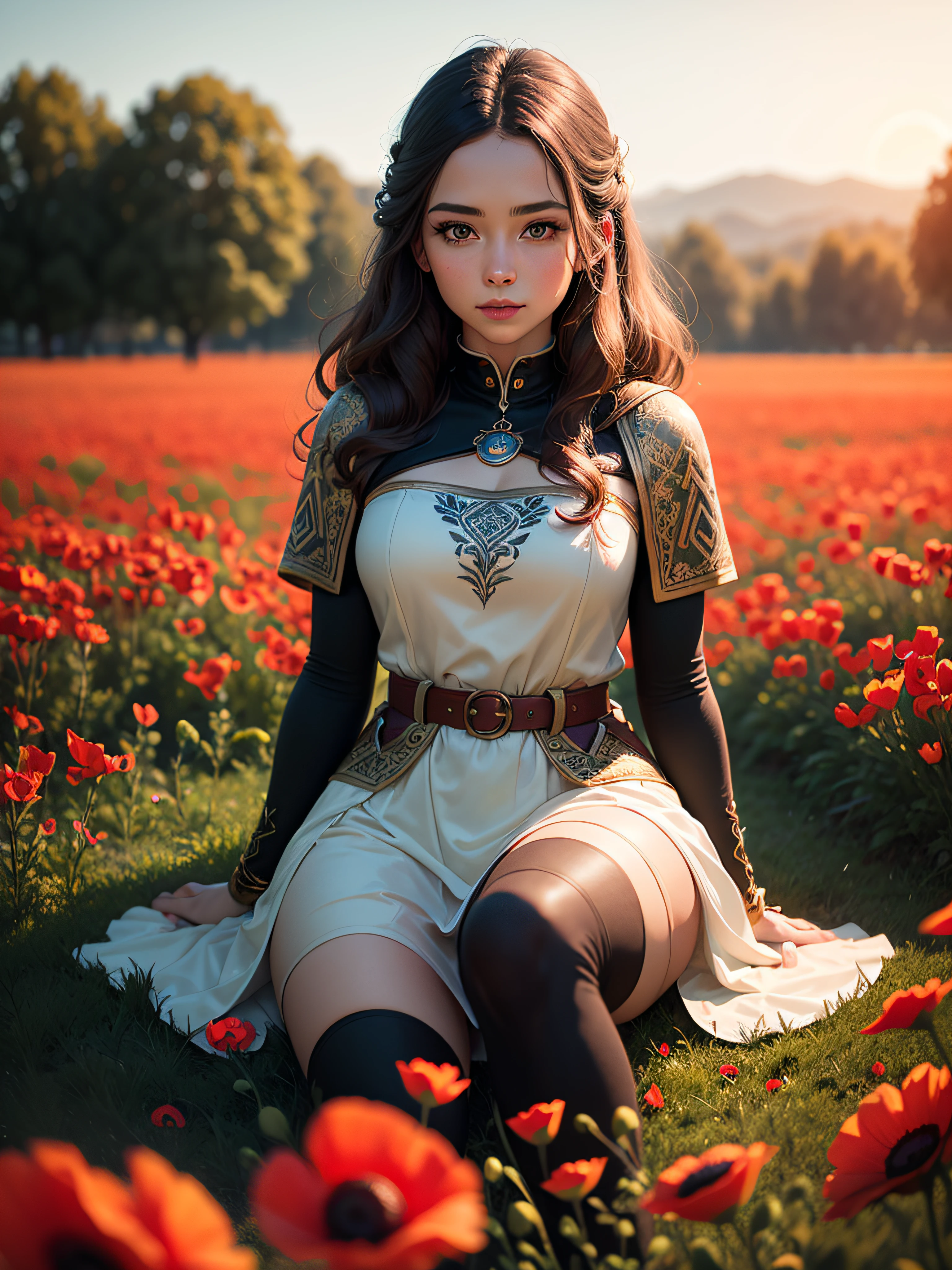 a woman sitting in a field of red flowers, featured on cg society, color field, shot on sony a 7 iii, girl jumping in a flower field, portrait of celtic goddess diana, deblurring, the golden hour, portrait of cute soldier girl, tessgarman, poppies, lots of flowers, f/4 --auto