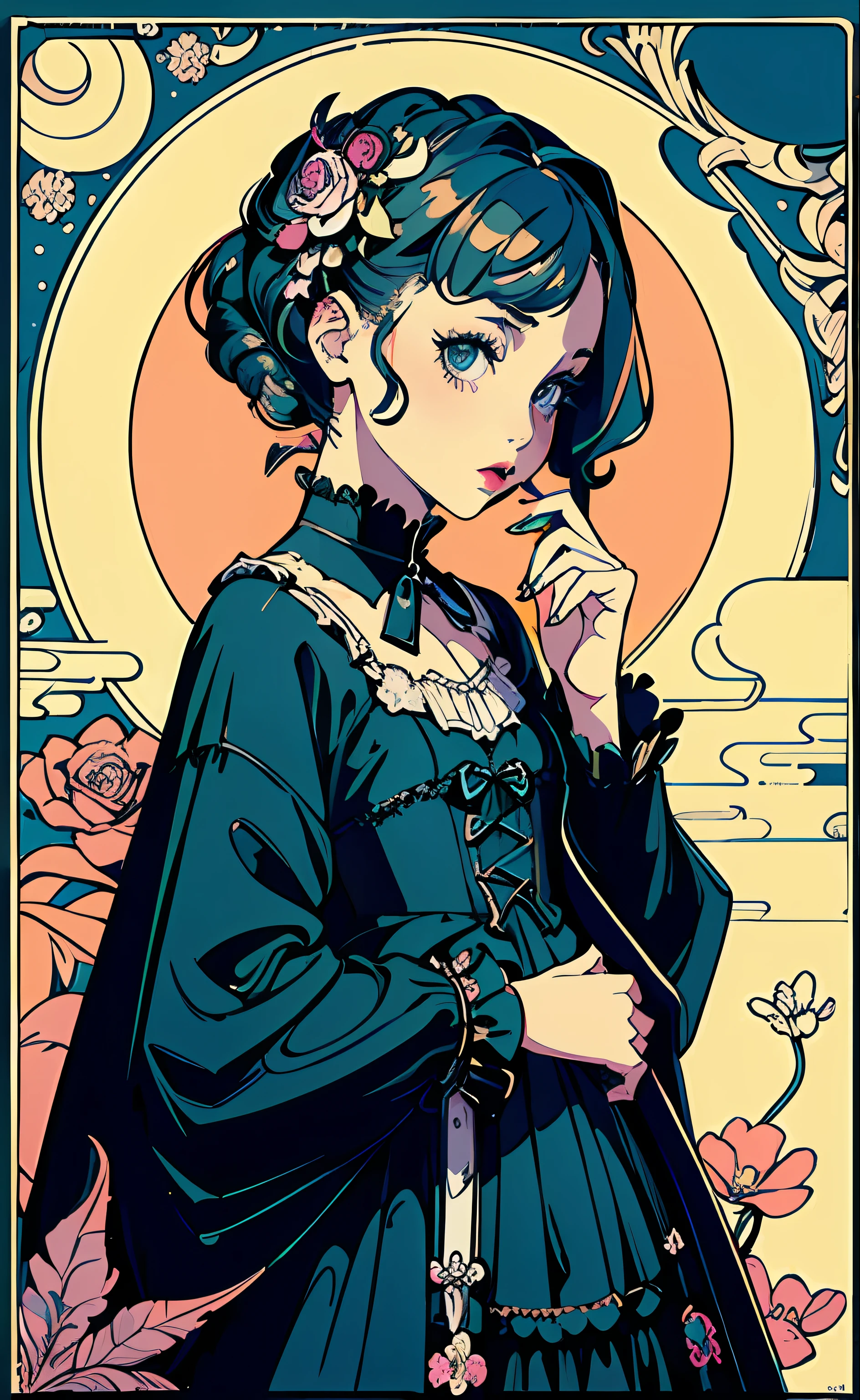 (master masterpiece、bestquality、highest、Official Art、Beautiful and aesthetic:1.2)、
1 Girl、(pop art:1.4)、(Zentangle、Flower Effects:1.2)、(Art Nouveau:1.1)、(gothic ta:1.3)、Thin little hands、5Finger