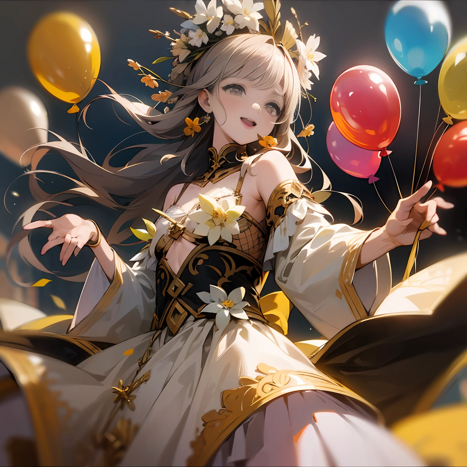 A girl holding flowers，There are colorful balloons floating in the sky，grassland,dance,Holding flowers，illustration，Color ink，happy，Perfect fingers，glad，Perfect quality，Clear focus（Clutter - home：0.8）， （master masterpiece：1.2） （Realistic：1.2） （bokeh） （bestquality） （Detailed skin：1.3） （Intricate details） （8K） （Detail eyes） （Sharp focus）,（happy）
