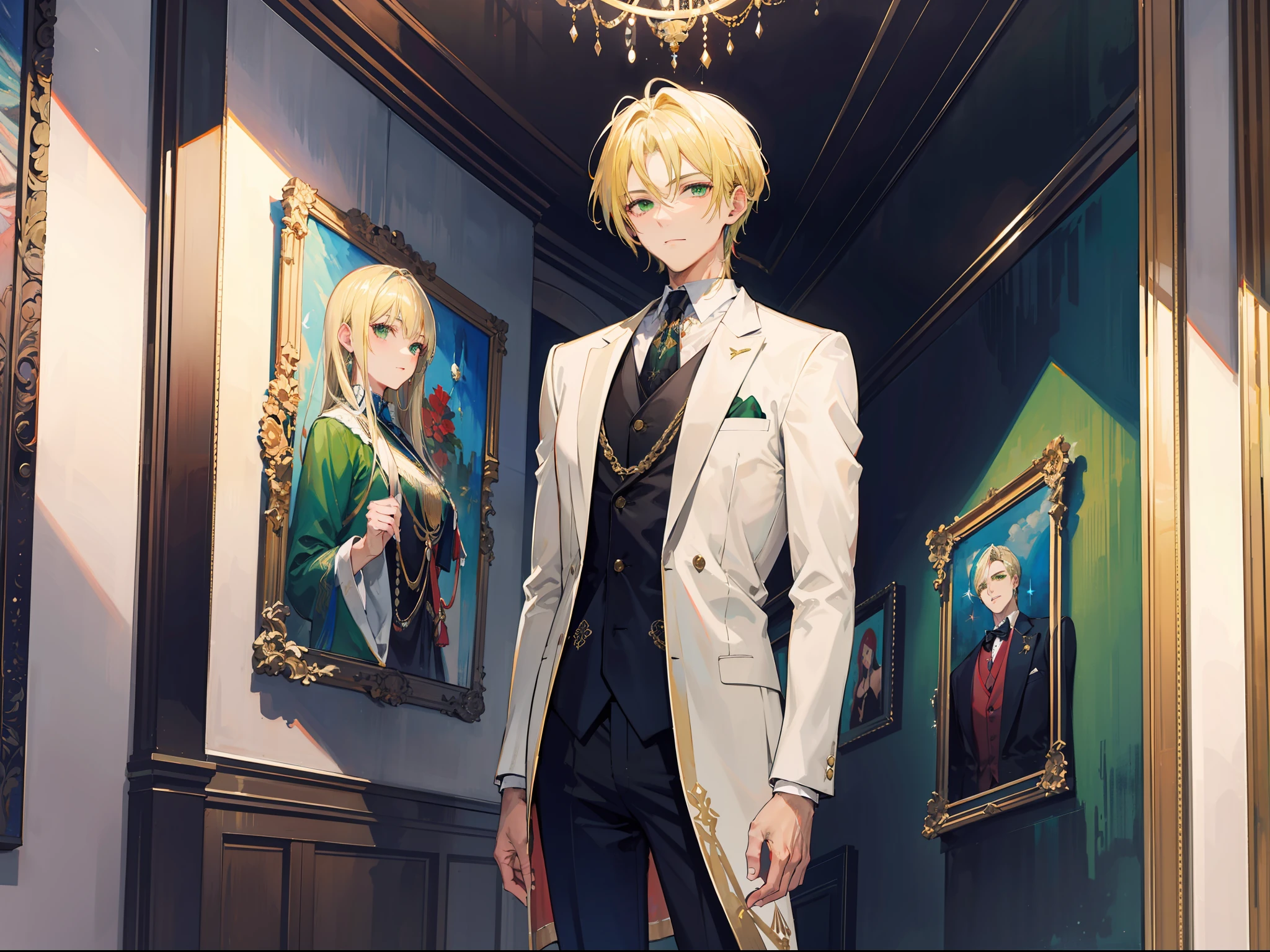 "A distinguished mature male with blonde locks and mesmerizing green zamrud eyes, dressed in an exquisite suit embellished with elegant feathers. He noticed the beautiful painting in front of him in the art gallery."