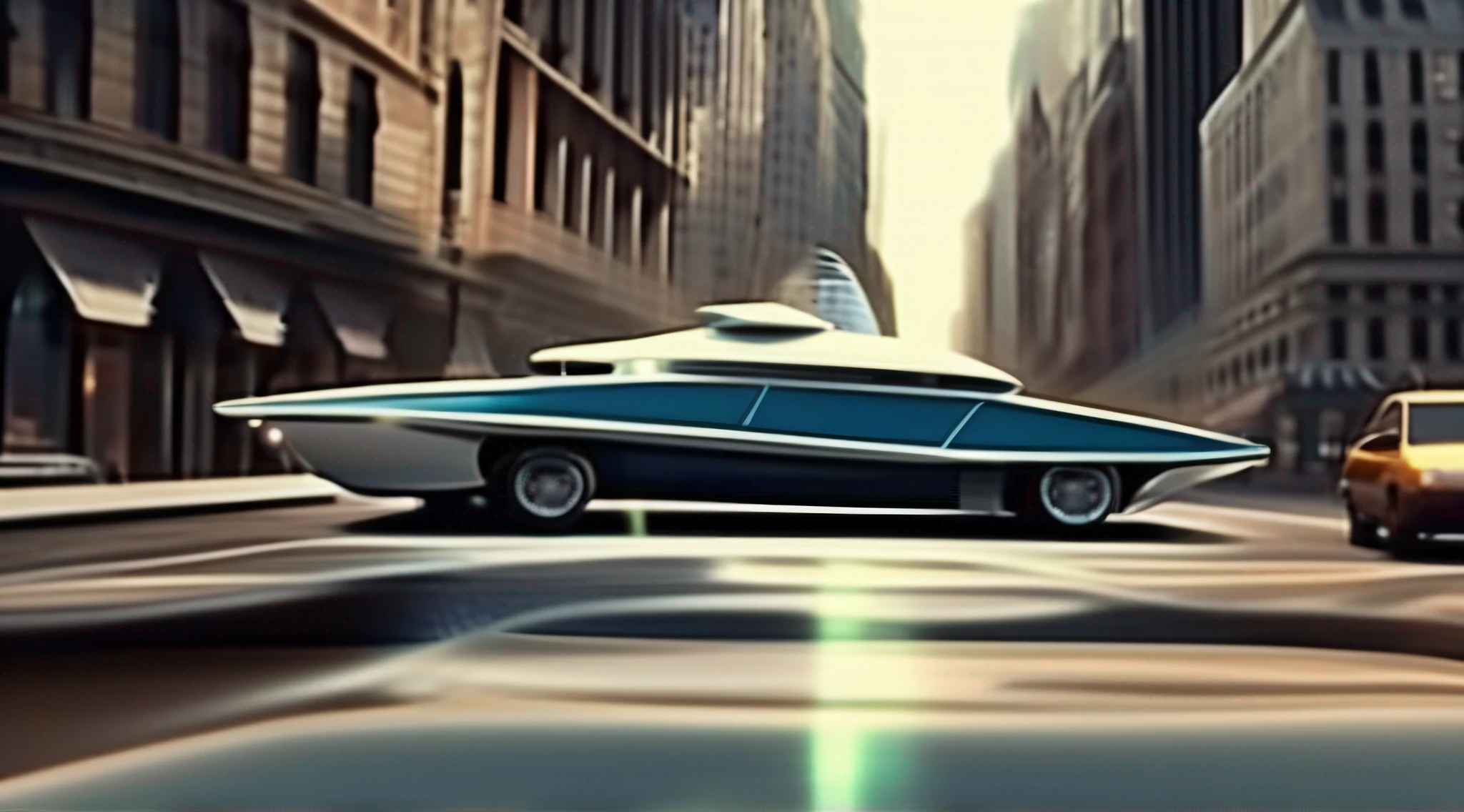 Masterpiece, best quality, movie stills, city, a car designed to look like a cruise ship, driving on the street,