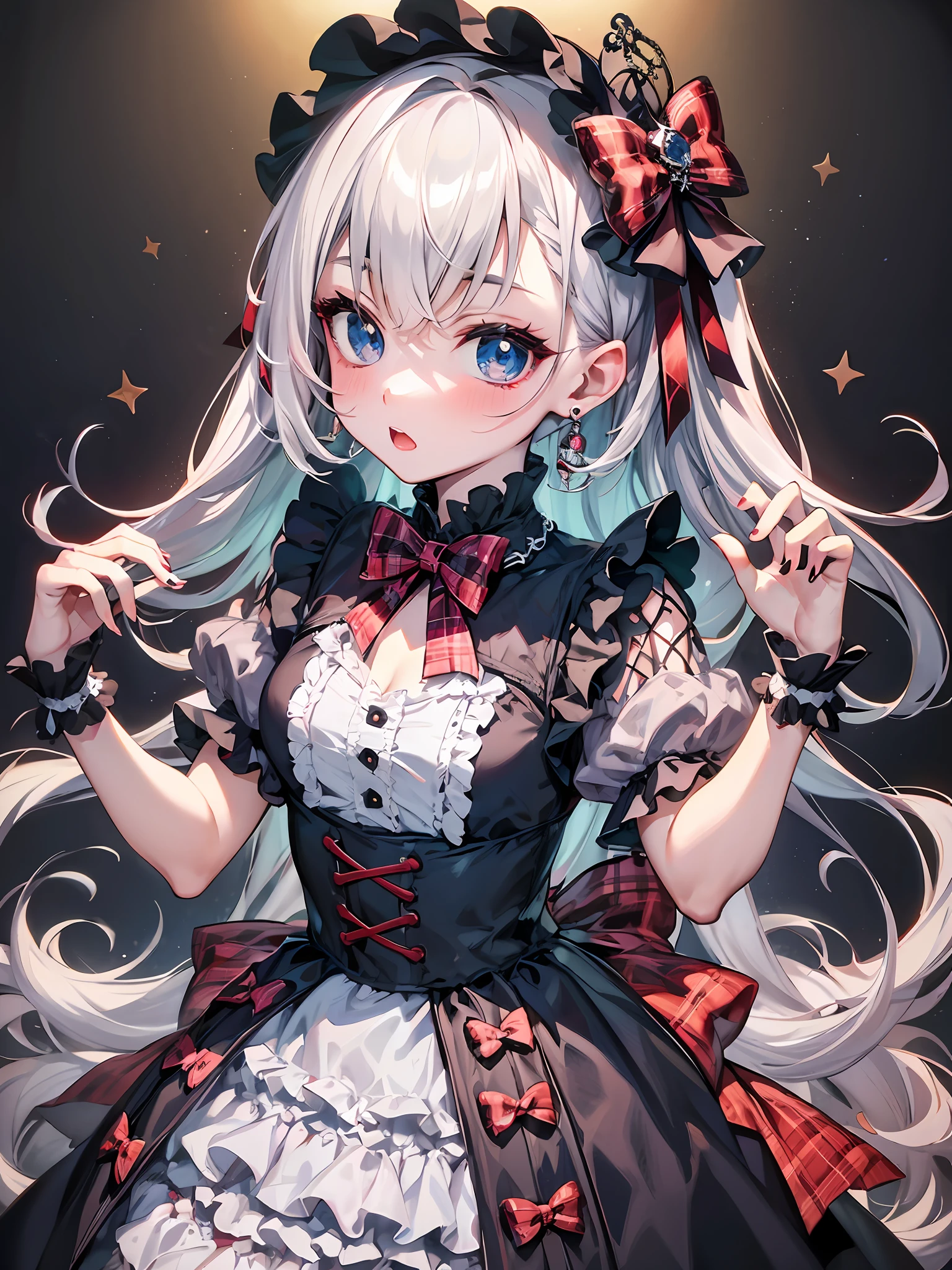 Plaid dress, bow, lolita fashion, lolita style, anime girl cosplay, loli, cute, angelic pretty, loli, portrait of lolita girl, red checker, y 2k, y2k, emo style, non-mainstream, red checker, mine-series girl, harajuku style, exaggerated dressing, complex decorations, rock style, gothic style