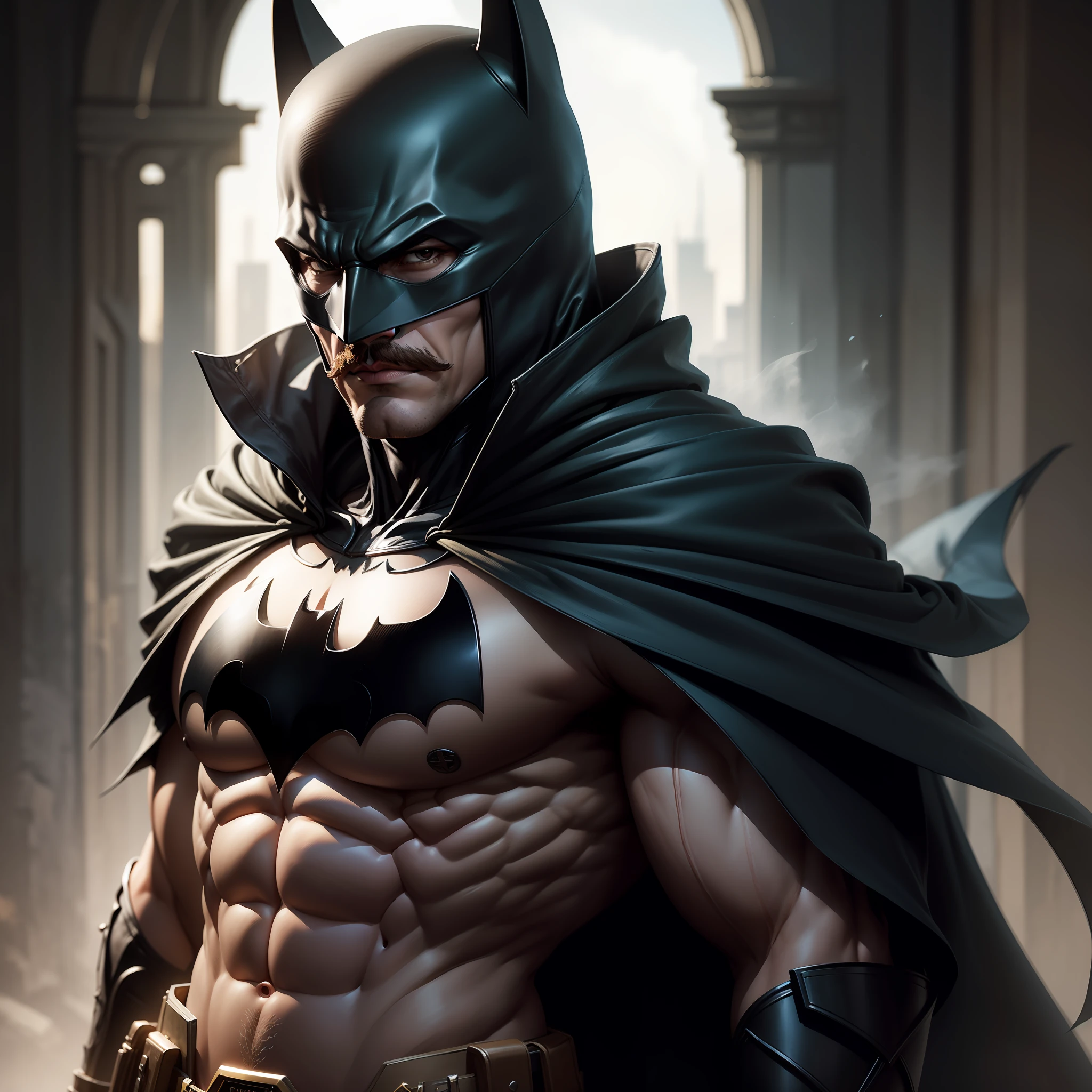 batman、moustache、muscularity、real、Detailed face、glare、master masterpiece、bestquality、cloak、Armor、