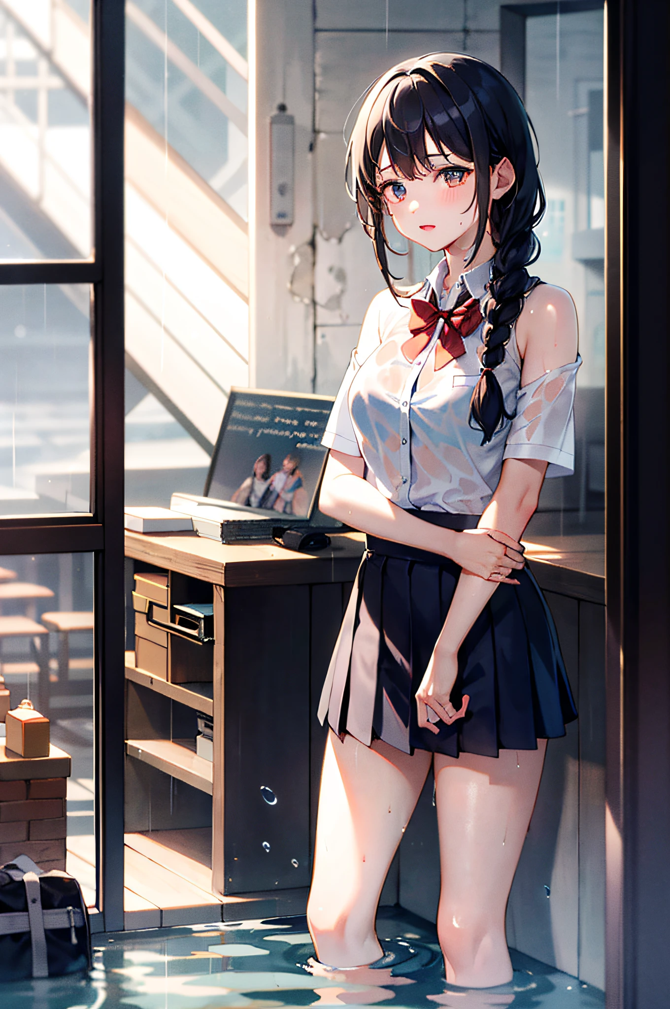 Good image quality， Masterpieces， Super Hi-Res， （fidelity：1.4）， Photograph， 1 Girls，[（sadness）]，schooluniform，student， desperate， pitiable，doomsday，ruins （Torn clothes：1.5）， （Wet-clothing：1.4）， Bare shoulders，Full breasts， Real rain， Wet hair，Twist braids