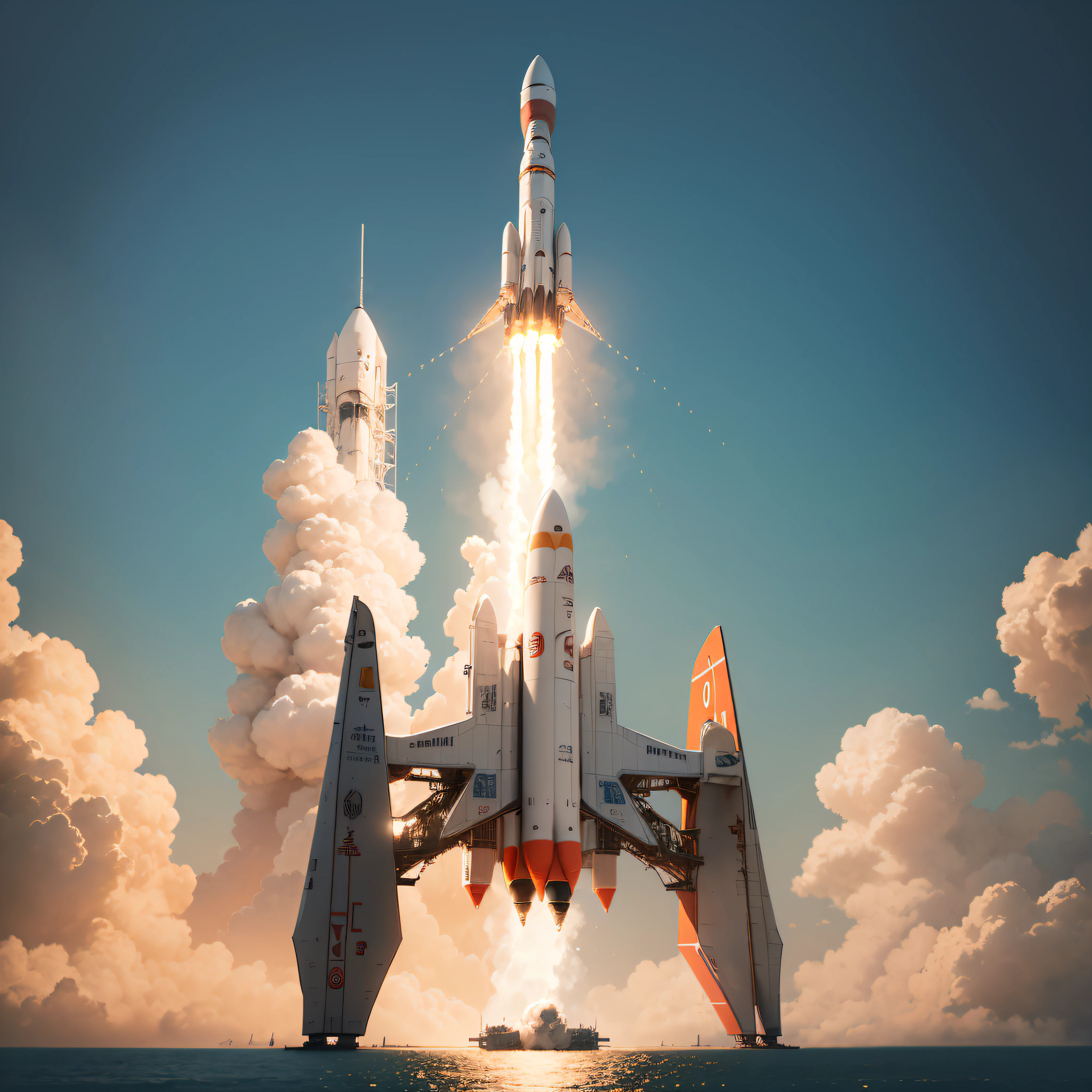 Logo design,Simple,there is a very long blue and orange jet flying through the sky, launch of a rocket, super cool rocket, rocket launch, concept illustration, concept illustartion, in style of kyrill kotashev, the spaceship is on fire, launching to space, rocket, stylized digital illustration, Simple and clean illustration, rocket ship, rocket launch,Rocket into the ocean,The rocket fuselage is printed "Hainan Commercial Development" Words --auto