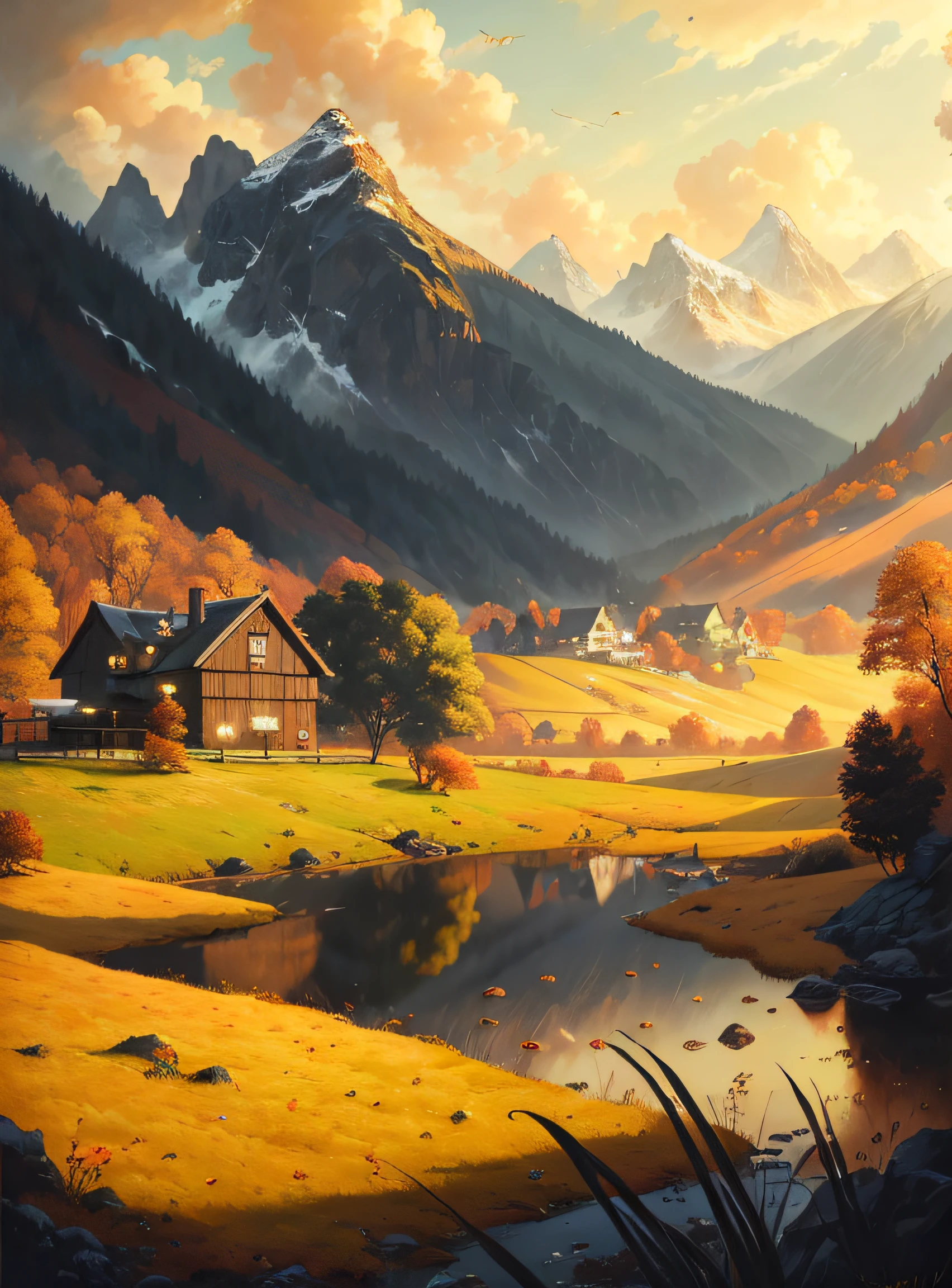 There is a painting of mountain views，There is a house in the distance, scenery artwork, scenery art detailed, digital landscape art, a beautiful artwork illustration, detailed scenery —width 672, anime countryside landscape, 4 k digital painting, 4k digital painting, anime landscape, beautiful digital artwork, detailed digital painting, by Yang J, beautiful digital painting，terrace，autumn，Akiga