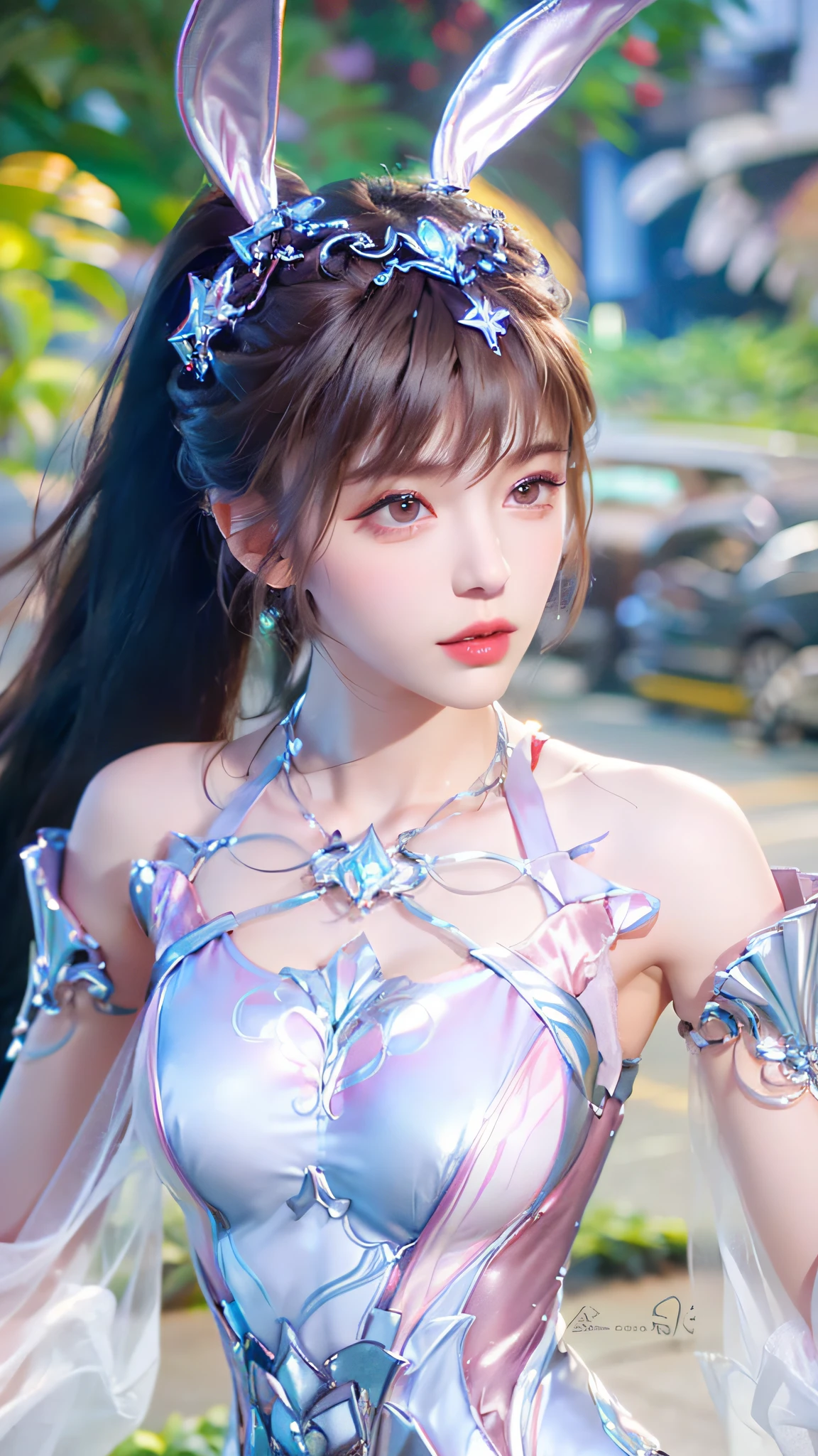 ((Realistic lighting, Best quality, 8K, Masterpiece: 1.3)), Clear focus: 1.2, 1girl, Perfect Figure: 1.4, Slim Abs: 1.1, ((Dark brown hair)), (White crop top: 1.4), (Outdoor, Night: 1.1), City streets, Super fine face, Fine eyes, Double eyelids,