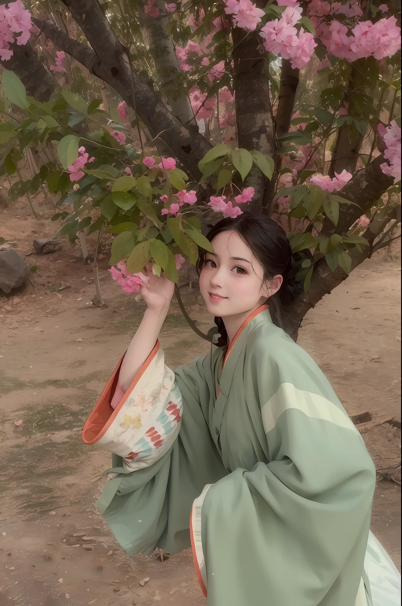 Masterpiece, Best Quality, Official Art, 8k Wallpaper, Very Detailed, Illustration, 1 Girl, Sky Blue Hair, Long Hair, Detailed Eyes, Forrest Gump, Bare Shoulders, Hanfu, Lake, Pure, Soft Smile, bamboo, tea