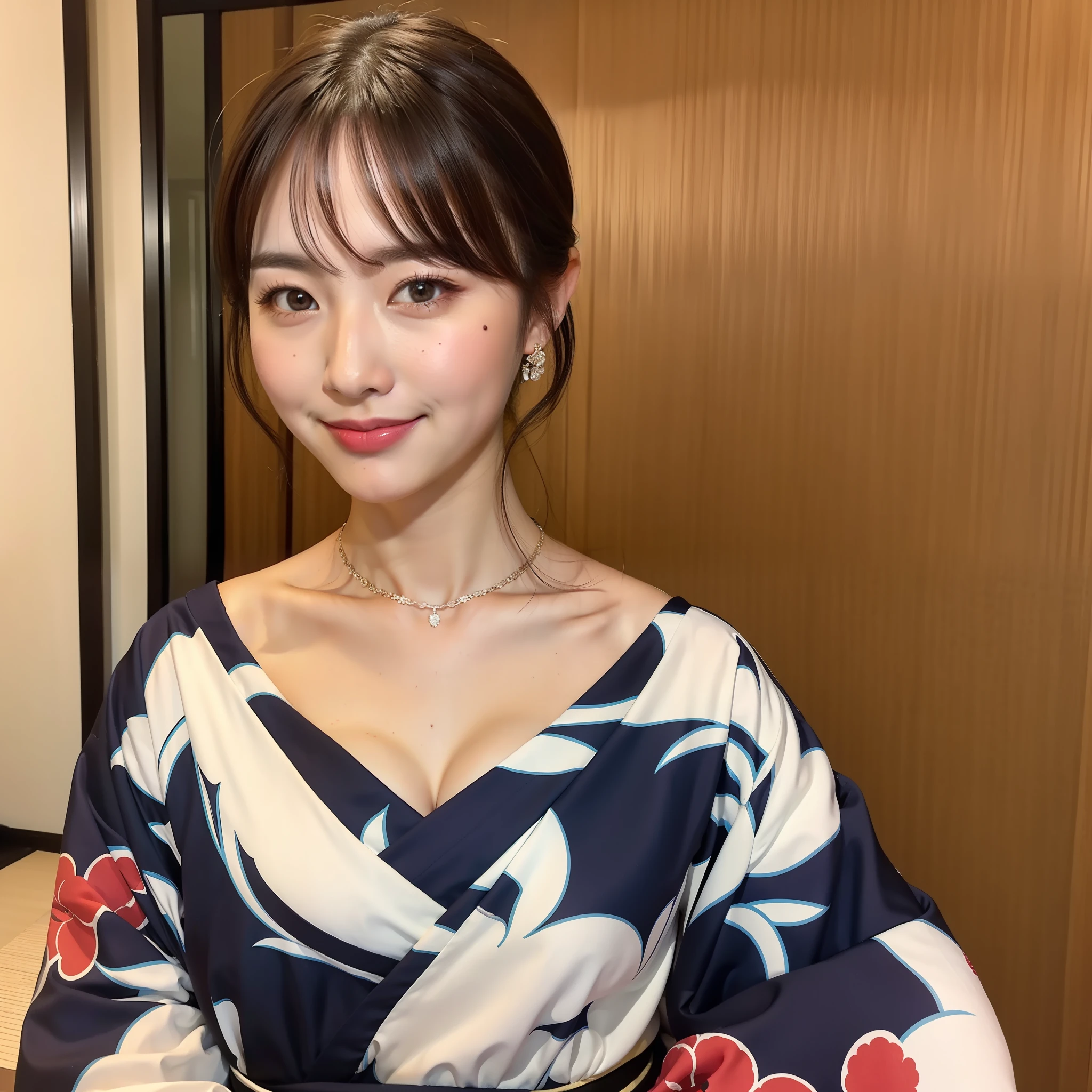 ((Best Masterpiece)), ((High Quality)), ((Real)), ((8k)) Super Beautiful, Cute, Furisode, Dyeing, Luxury Inn, Landlady, Kimono, Red and White Kimono, Japan people, 30 years old, 1 Female, Cleavage, Braless, Slender, Full body, Customer service, Elegant woman, Sony SLR photography, 1 Short hair, Blonde, looking at camera, Tatami room, Room with hanging scroll, Smile, Background realistic, Photos,Moles under eyes, from the front