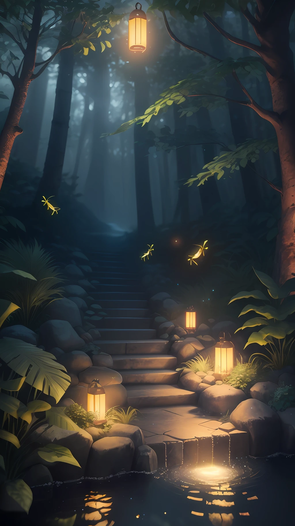 Masterpiece, best quality, (very detailed CG unity 8k wallpaper), (best quality), (best illustration), (best shadows), glow sprite, with a glowing deer, in the swimming pool Drinking water, natural elements in the forest theme. Mysterious forest, beautiful forest, nature, surrounded by flowers, delicate leaves and branches surrounded by fireflies (natural elements), (jungle theme), (leaves), (twigs), (fireflies), (particle effects) etc. 3D , Octane rendering, ray tracing, super detailed --v6