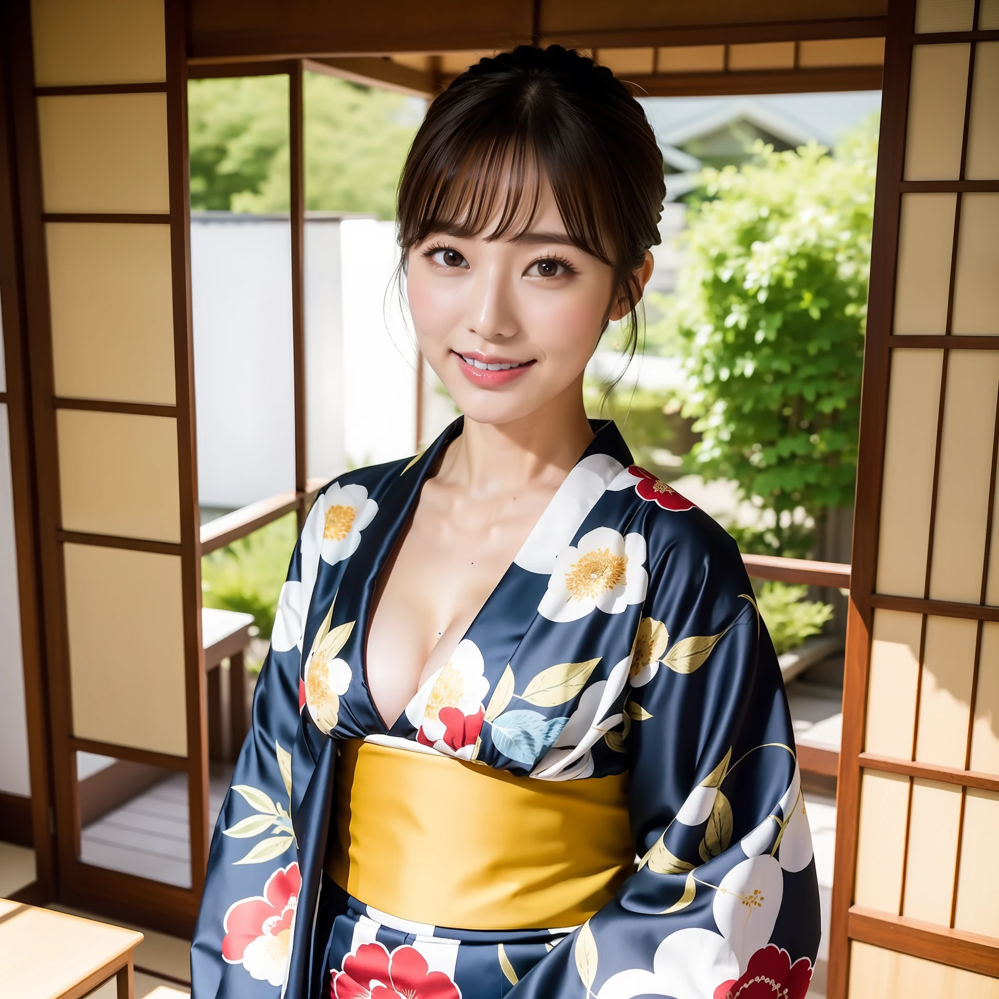((Best Masterpiece)), ((High Quality)), ((Real)), ((8k)) super beautiful, cute, furisode, dyed, luxury inn, proprietress, kimono, red and white kimono, Japan people, 30 years old, 1 woman, cleavage, slender, full body, customer service, elegant woman, sony slr photography, 1 short hair, blonde, looking at camera, tatami room, room with Japan garden after, smile, background realistic, photo,moles under eyes, From the front