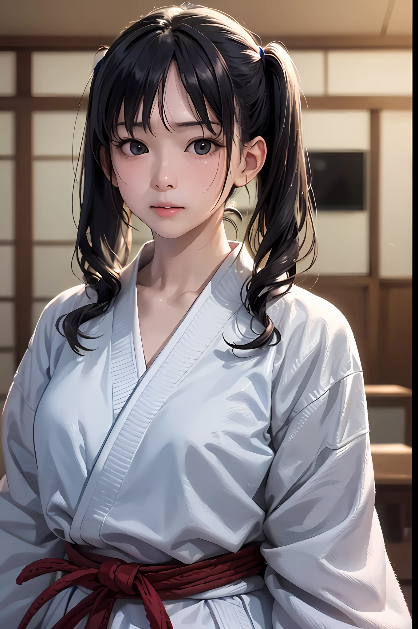 (8k、RAW photo、quality、、、、、、masterpiece:1.2)、(real、photo-realistic:1.37)、Japan female judoka、White Judogi、Cowboy composition、Frontal line of sight、Tatami room in the dark、solemnity、cowboy shot、Be intimidating、Dignified atmosphere、Slightly stiff figure、My neck was stiff.、twin tail、Judo master