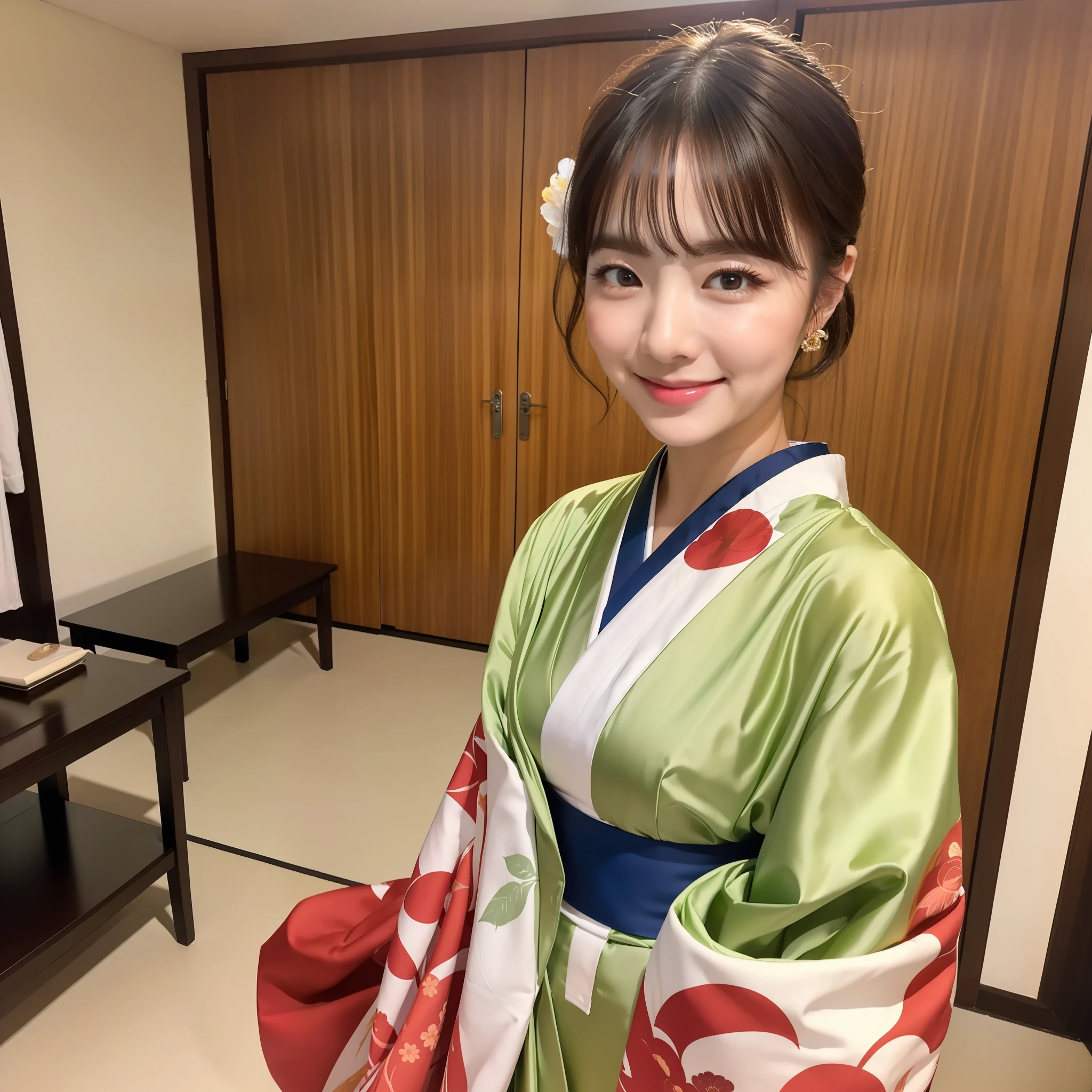 ((Best Masterpiece)), ((High Quality)), ((Real)), ((8k)) Super beautiful, cute, furisode, dyed, luxury inn, proprietress, kimono, red and white kimono, Japan people, 30 years old, 1 female, slender, full body, customer service, elegant woman, sony slr photography, 1 short hair, blonde, looking at camera, tatami room, room with Japan garden after, smiling, background realistic, photo,moles under eyes, front view