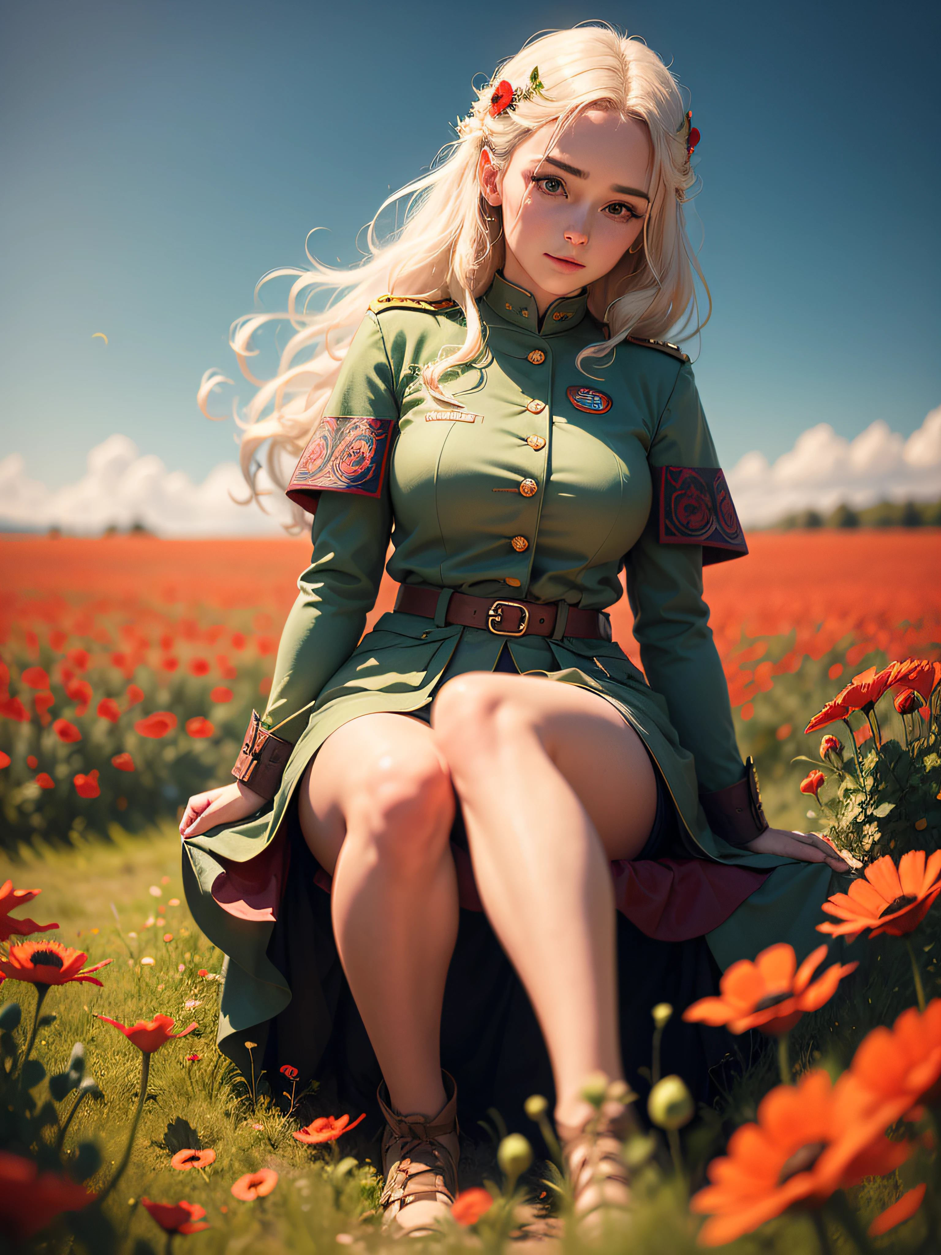 a woman sitting in a field of red flowers, featured on cg society, color field, shot on sony a 7 iii, girl jumping in a flower field, portrait of celtic goddess diana, deblurring, the golden hour, portrait of cute soldier girl, tessgarman, poppies, lots of flowers, f/4 --auto