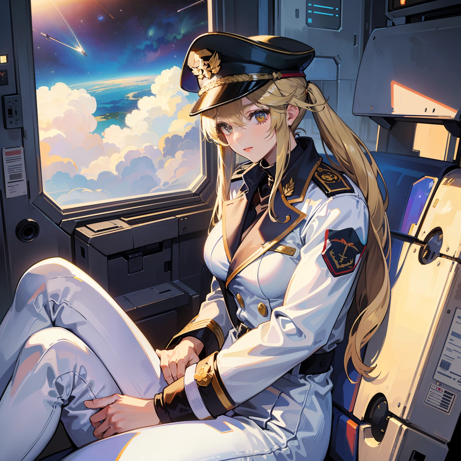 ((Masterpiece)), ((Highest Image Quality)), (((Best Quality)), (Illustration of One Girl), Full Body, 25 Years Old, (Neutral)), ((Blonde Twin Tails)), Light Golden Eyes, (Tall)), (Muscular Strong Body)), ((Muscular and Thick Body)), ((Muscular and Thick Arms)), ((Muscular and Thick Legs)), (Manspreading)), Open Legs, (((Army Uniform)), (Army Hat)), (((Army Coat)), (white clothes), (white pants), (white hat), trench coat, ((inside the spaceship, sitting in the captain's seat)), (outside the window, space, Earth seen from space, spaceport)