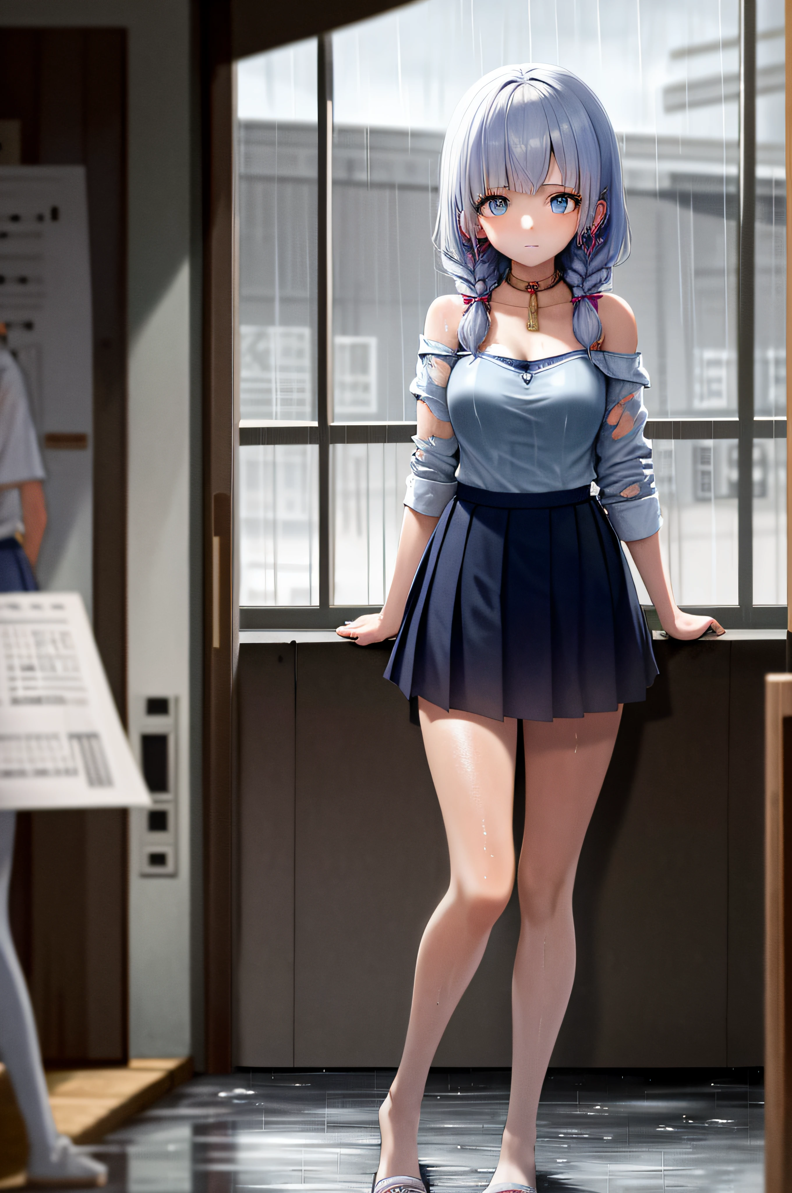 Good image quality， Masterpieces， Super Hi-Res， （fidelity：1.4）， Photograph， 1 Girls，[（sadness）]，schooluniform，student， desperate， pitiable，doomsday，ruins （Torn clothes：1.5）， （Wet-clothing：1.4）， Bare shoulders，Full breasts， Real rain， Wet hair，Twist braids