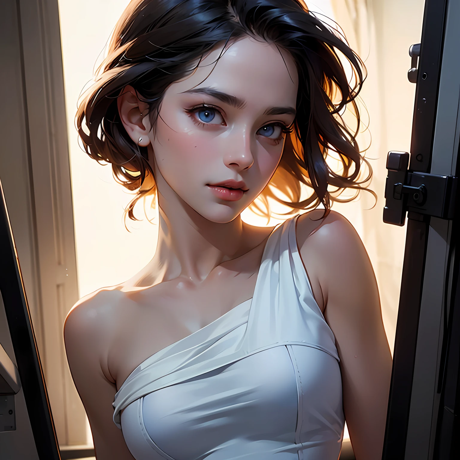 RAW, 1girl, colorful, full body shot, (masterpiece, best quality), (detailed skin:1.3, detailed face:1.3), dslr, realistic, looking at viewer, sharp focus, delicate, soft colors, cinematic lighting, MyNataLee woman, bright light:1.3, highlights:1.3, high brightness, large breasts:1.3, clean scene, tidy, clean dress, clear skin, goosebumps, beautiful eyes --auto