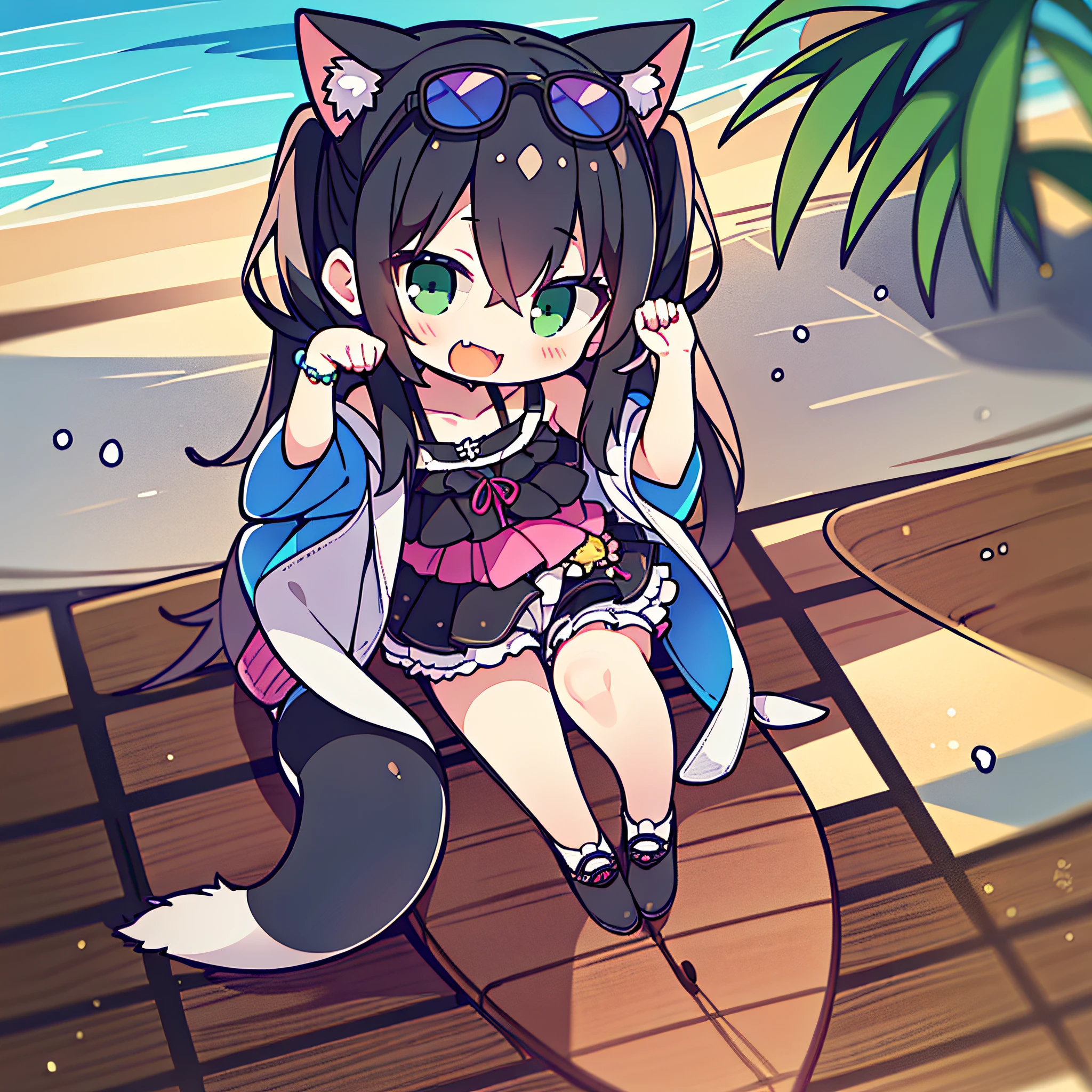 1 girl,solo,(loli:1.5),(black hair:1.3),ᗜ ‸ ᗜ,sitting on a beach chair ,karylbb,two-tone hair,low twintails,green eyes,fang,cat tail,eyewear on head,collarbone,purple jacket,bare shoulders,swimsuit,black bikini,white shorts,
(full body:1.5),looking at viewer,(straight-on :1.5),in summer,over the sea,