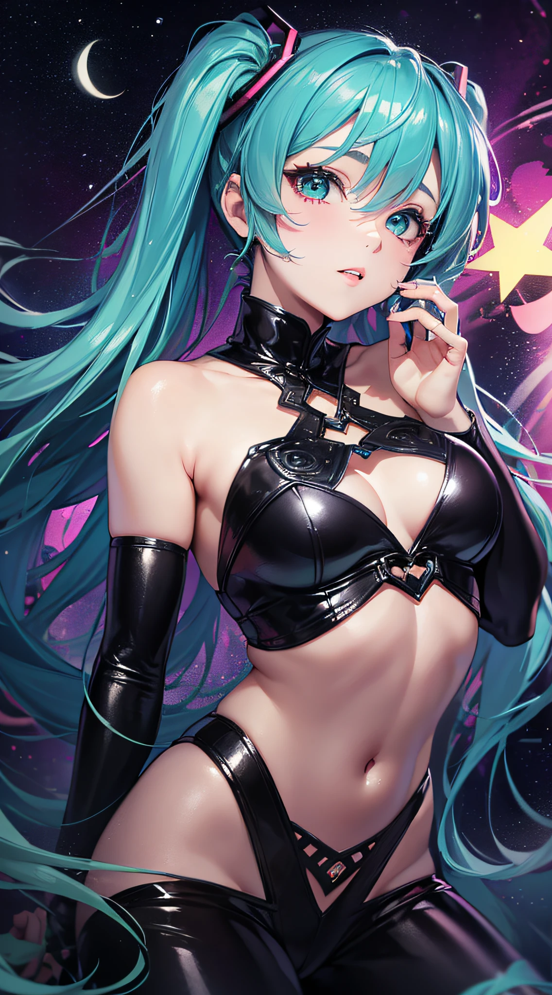 (((obra maestra))), 1chica, Hatsune Miku, vocaliid, Super detailed, cara hiperrealista, (flirtatious expression), (leotardo rosa), guantes azules, pantys, ((super cute face)), ((cara angelical)), ((Incredibly beautiful eyes)), (ojos luminosos), (cuerpo completo), (cabello luminoso), Super sexy hair, (manos delicadas y perfectas), (Perfect anatomy), Super delicate and sexy body, Pose sexy, ((ulzzang)), (Super thin face), Delicate features, ultra detalladas, mejor calidad, Cinematic lighting, belleza cautivadora, mirada sexy, fondo bonito de estrellas