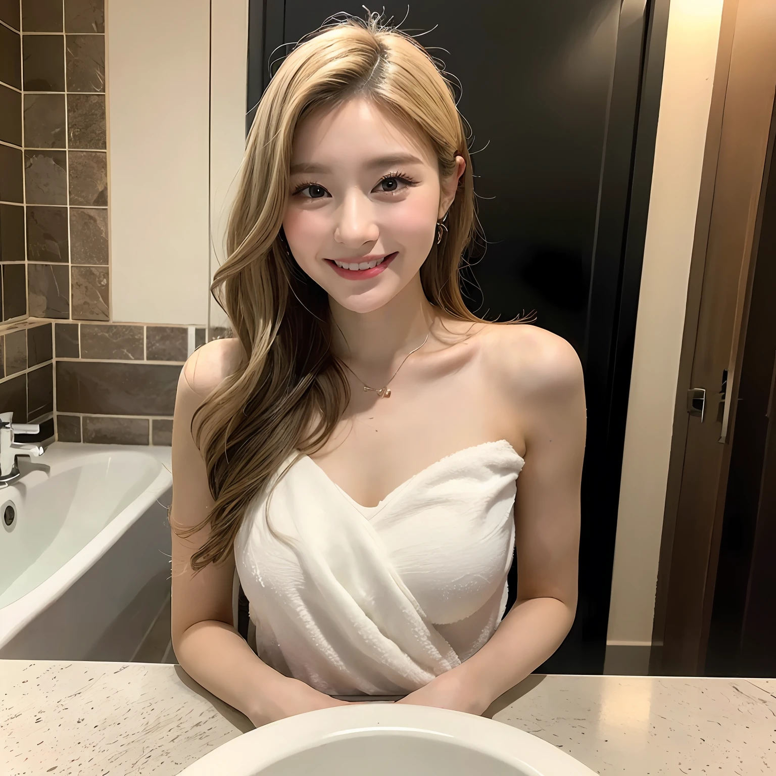 (Best Masterpiece)), ((Best quality)), ((real)), ((8K)), 1 Girl, Bath Towel,Wrap around body, Japan person, 24 years old, super beautiful, kawaii, model, Full body, slender, model, ultra luxury hotel, sony slr photography, blond hair, Long hair, Short hair, look at camera,smiles, background realistic, bath, washbasin, europe, art, photograpy,