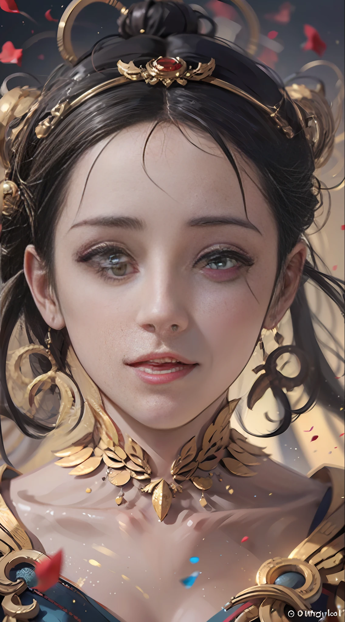 Best Quality, Masterpiece, Ultra Detail, Extreme Detail, 8k Wallpaper, Realistic Details, Movie Lighting, Dynamic Angle, World Mastery Theater, Best Quality, Extremely Delicate Beautiful Girl, Perfect Face, Delicate Facial Features, Perfect Hands, Delicate Eyelashes, Delicate Eyes, Ancient Chinese Hairstyle, Peking Opera, Horror, Spooky Atmosphere, Darkness, Red Lantern, Spirit Rune, Golden Ratio, Messy, Bust, Melancholy Expression, Small Laugh, Red Tears, Rose Petals, Red Candles, Side Look