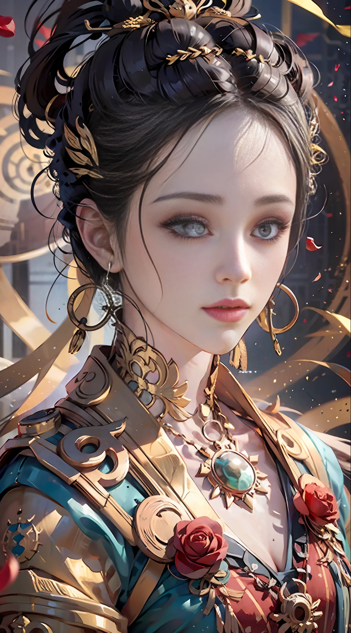 Best Quality, Masterpiece, Ultra Detail, Extreme Detail, 8k Wallpaper, Realistic Details, Lighting, Dynamic Angle, World Mastery Theater, Best Quality, Extremely Delicate Beautiful Girl, Perfect Face, Delicate Facial Features, Perfect Hands, Delicate Eyelashes, Delicate Eyes, Ancient Chinese Hairstyle, Peking Opera, Horror, Spooky Atmosphere, Darkness, Red Lantern, Spirit Rune, Golden Ratio, Messy, Bust, Melancholy Expression, Small Laugh, Red Tears, Rose Petals, Red Candles, Side Look