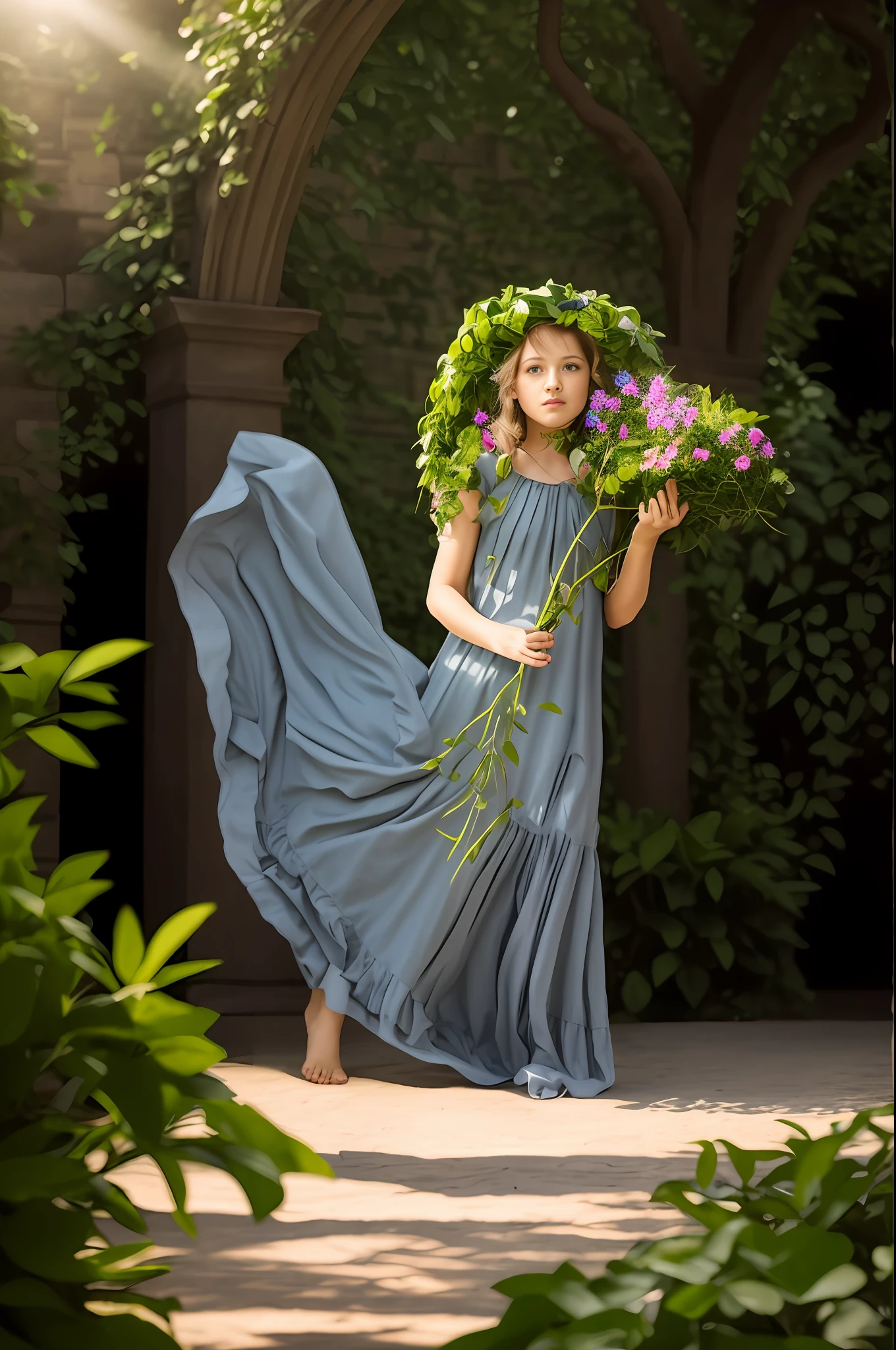 The image depicts a girl in Renaissance style, looking directly into the camera. She is dressed in period clothes, with richly detailed fabrics and a serene expression on her face. In the background, there is a stunning Renaissance garden, filled with lush greenery and colorful flowers. The scene is captured with an 8K Canon EOS R5 camera, resulting in high-resolution image quality and sharp detail. The composition of the image evokes a cinematic atmosphere, with soft lighting and soft shadows. The girl is the focal point of the image, with the garden elements in the background, creating a sense of depth and realism. The landscape is portrayed realistically, with attention to detail of plants, trees and other natural elements. The Renaissance setting adds a touch of elegance and sophistication to the image, transporting the viewer. This image conveys the feeling of being in a period scene, transporting the viewer to a charming Renaissance garden, with the girl as the protagonist, bringing life and beauty to the scene. In the background of a Renaissance painting, a meticulously designed Renaissance garden stretches as far as the eye can see. Vibrant flower beds blend with neatly trimmed shrubs, while a central fountain gushes crystal clear water. In the background, a majestic palace with imposing pillars and ornate windows completes the scene. In one cinematic scene, a Renaissance garden bathed in sunlight reveals itself. Rose bushes exude their scent into the air, while peacocks display their colorful feathers amid bubbling fountains. In the center of the garden, a maze of tall hedges creates a challenge for the characters, while classical music plays in the background. While exploring a Renaissance garden in a cinematic scene, characters get lost in a forest of intricately cut topiaries, forming fascinating geometric shapes. Scrolls with written poetry hang from trees, he reveals