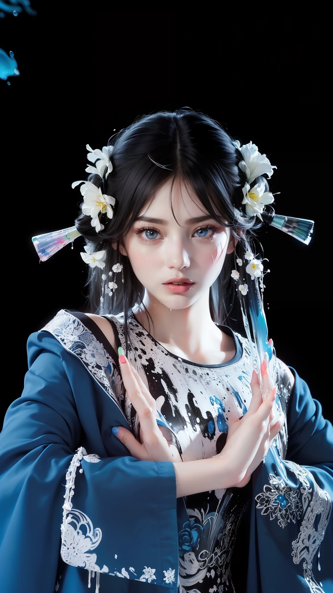 (Pink Fashion T-shirt:1.9),(Colorful hair: 1.8), (all the colours of the rainbow: 1.8),(((((vertical painting:1.6))), (painting:1.6),front, comics, illustrations, paintings, large eyes, crystal clear eyes,( rainbow color gradient high ponytail:1.7), exquisite makeup, closed mouth,(Small Fresh: 1.5),(Wipe Chest: 1.6) ,long eyelashes, white off shoulder T-shirt, White Shoulder Shirt,looking at the audience, large watery eyes, (rainbow colored hair:1.6), color splash, (solo:1.8), color splash, color explosion, thick paint style, messy lines, ((shining)),(colorful), (colorful), (colorful), colorful, Thick Paint Style, (Splash) (Color Splash), Vertical Painting, Upper Body, Paint Splash, Acrylic Pigment, Gradient, Paint, Highest Image Quality, Highest Quality, Masterpiece, Solo, Depth of Field, Face Paint, colorful clothes, (Elegant: 1.2), gorgeous,long hair, wind, (Elegant: 1.3), (Petals: 1.4),(((masterpiece))),(((best quality))),((ultra-detailed)),(illustration),(dynamic angle),((floating)),(paint),((disheveled hair)),(solo),(1girl) , (((detailed anima face))),((beautiful detailed face)),collar,bare shoulders,white hair, ((colorful hair)),((streaked hair)),beautiful detailed eyes,(Gradient color eyes),(((colorful eyes))),(((colorful background))),(((high saturation))),(((surrounded by colorful splashes))),