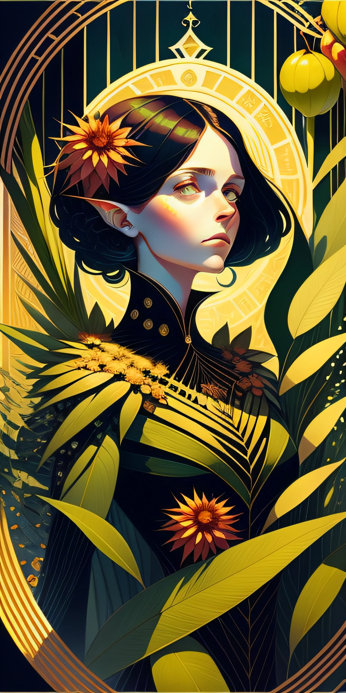 An asymmetrical   tarot512 
with the illustration 
of a   [ young woman | slim | smooth | beautiful ]
[ muse | goddess | sorceress ] Plants and Fruits around her
, A  [ Kay Nielsen's | Anne Bachelier's ]   Exouds-Style masterpiece 
in style-rustmagic CCDDA  artstyle