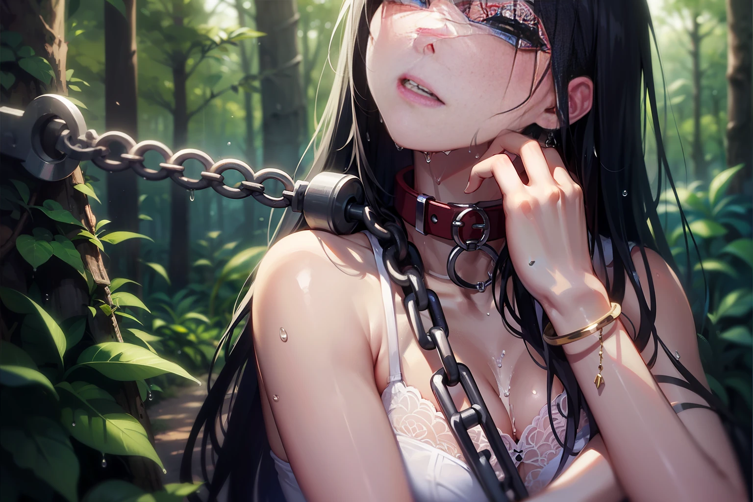 Highest image quality、Collar with a leash、blind fold、spectator、forests、Road、gloomy、Hand flail、Flail、sweat、white lace underwear、Bangles with chains、Wet skin、Long black hair、Radiant beautiful skin、Low angle photography