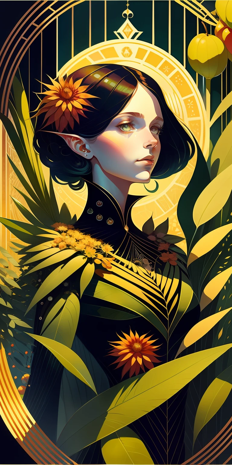 An asymmetrical   tarot512 
with the illustration 
of a   [ young woman | slim | smooth | beautiful ]
[ muse | goddess | sorceress ] Plants and Fruits around her
, A  [ Kay Nielsen's | Anne Bachelier's ]   Exouds-Style masterpiece 
in style-rustmagic CCDDA  artstyle