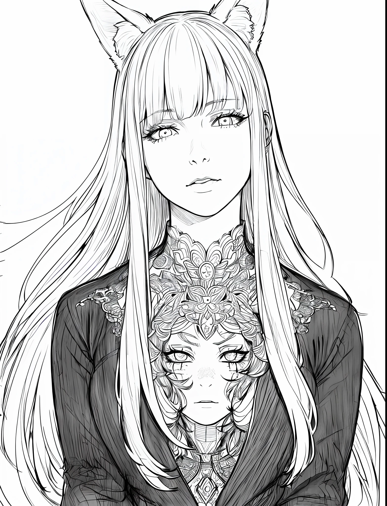 1girl (adult woman:1.2) fox ears, fox tail (very_long_hair, white_hair:1.3) (portrait:1.3) yakuza, ganster (coloring book, masterpiece, realistic:1.3), (extremely intricate:1.2), (sketch, doodles, monochrome, lineart:1.2) (by WLOP:1.3)