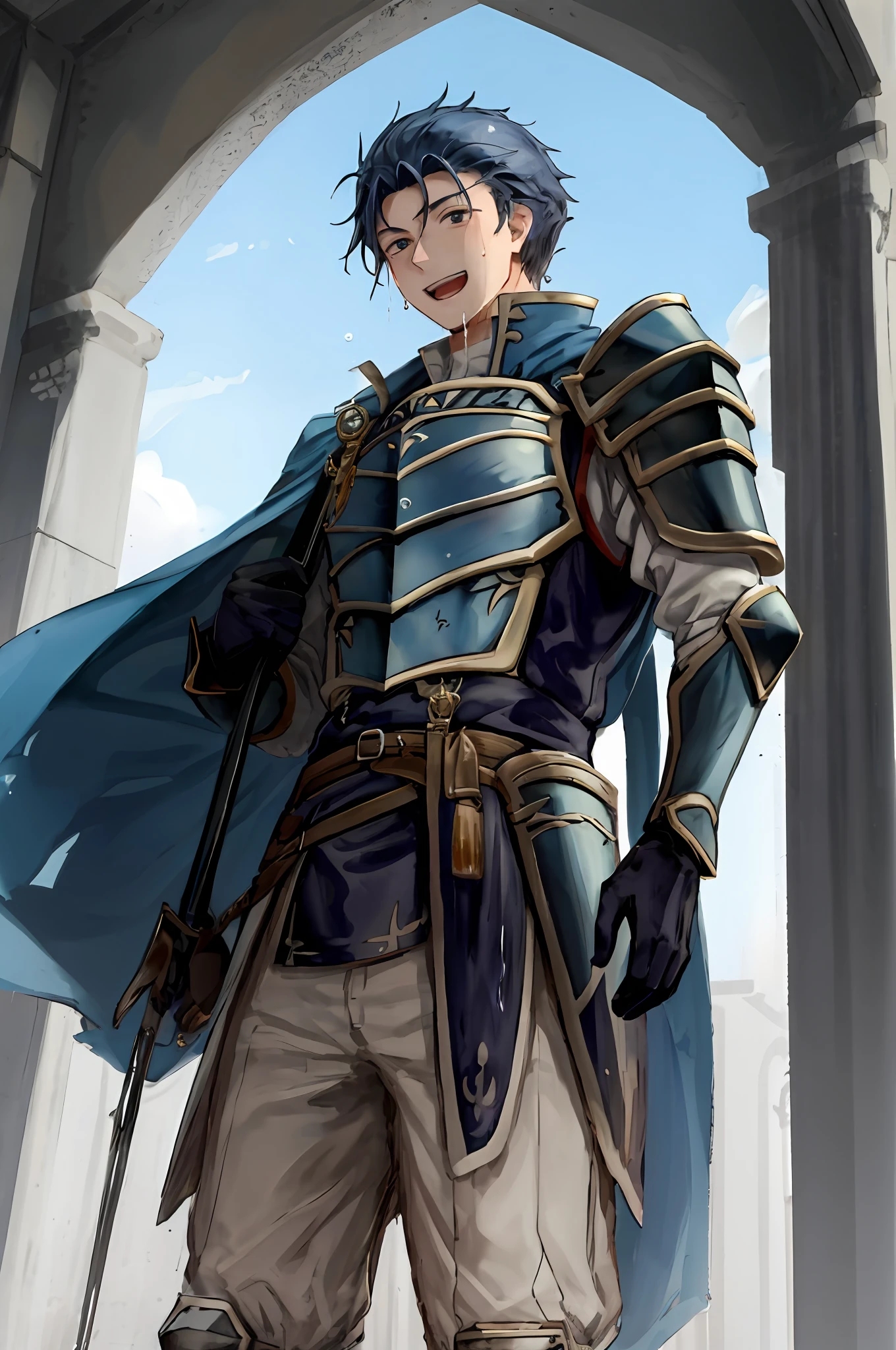 Hector Fey, soloist, looking at the audience, smiling, open mouth, sweating, drenching, wet, drooling, gloves, 1boy, blue hair, male focus, cape, armor, from below,