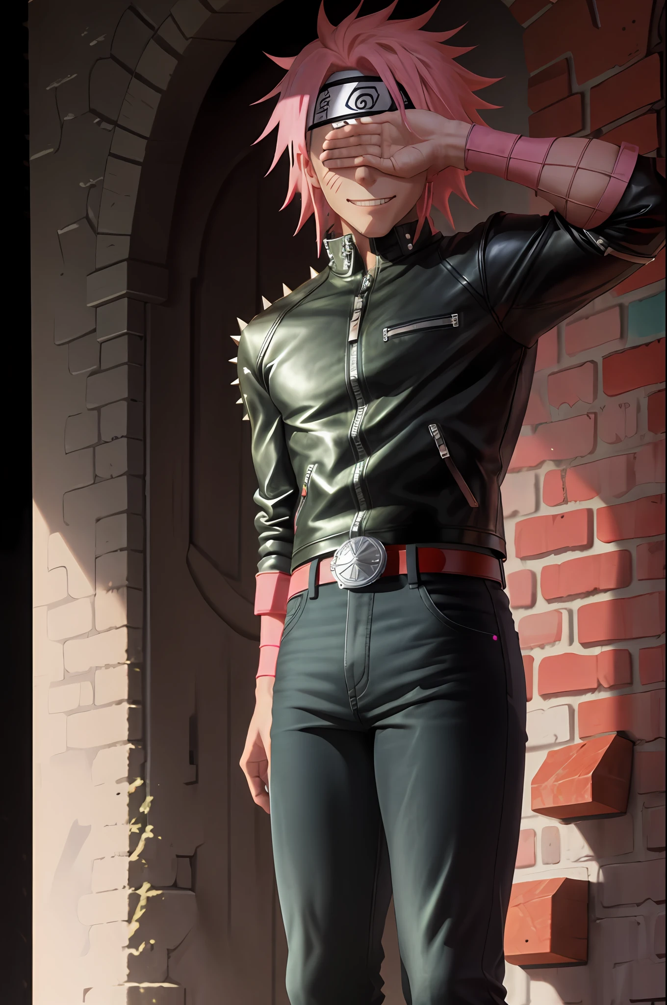 (masterpiece) (8k) (best quality) spikey pink hair, pink hair, sharp white-out eyes, white sharp eyes, sharp features, 1boy, hidden stone village headband, Naruto stone village headband, Masashi Kishimoto style, low exposure, glowing pink hair, black background, dark pink highlights, character with pink highlights, neon highlights, tall lean muscular male, fishnet top, leather jacket, belt, black jeans, black boots, evil grin, covering eyes pose, hand over eyes, jewelry, solo, solo focus, solo male