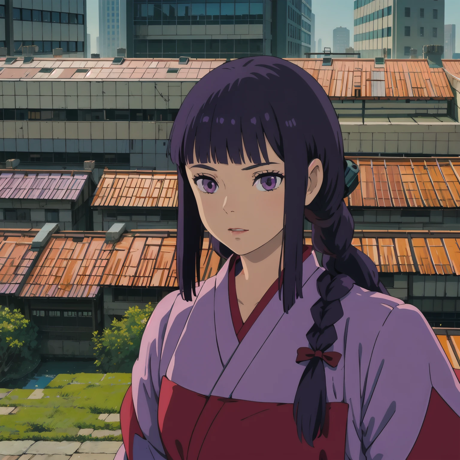 eboshi, mature_female, kimono, looking_at_viewer, cloud, hair_ornament, black_hair, breasts,