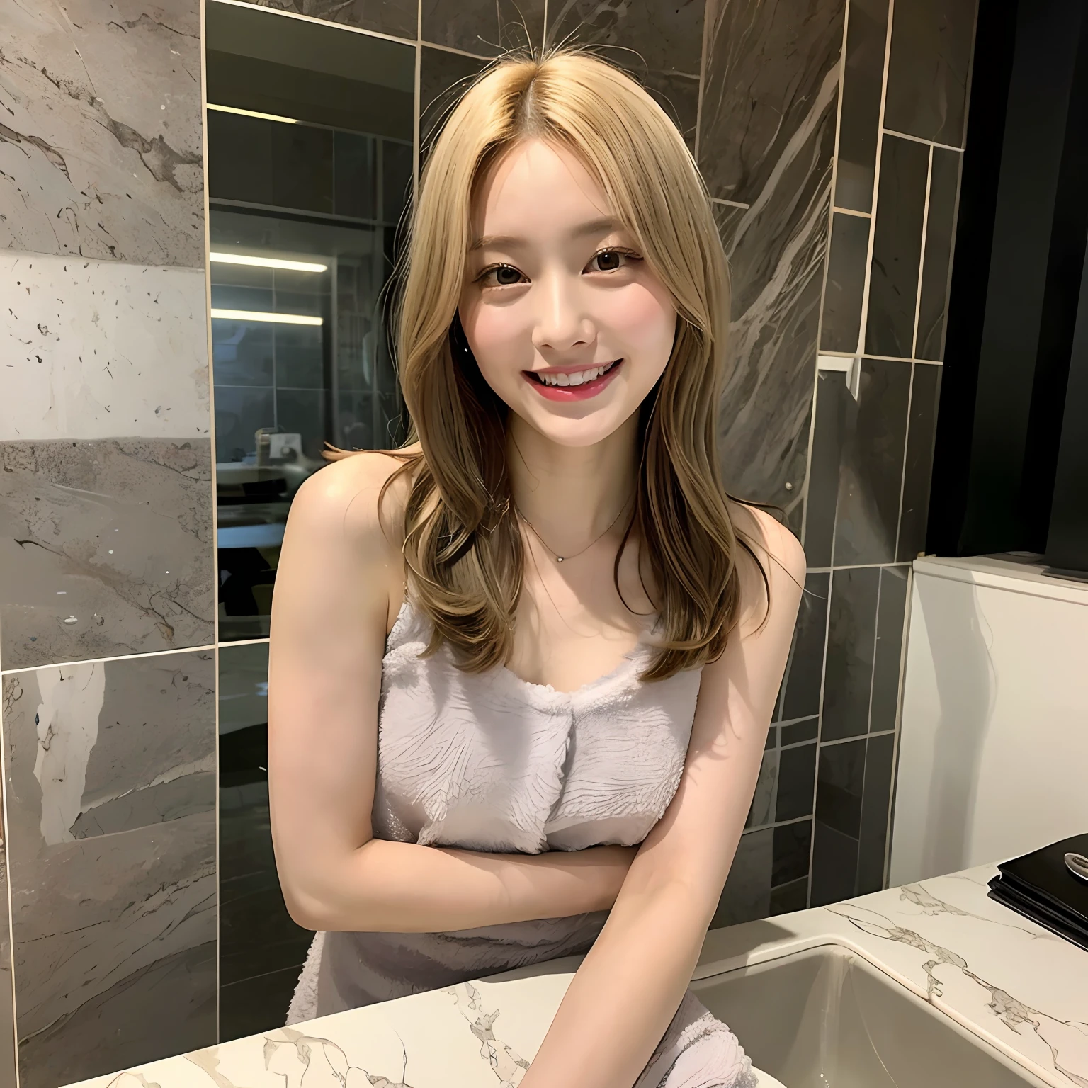((Best Masterpiece)), ((Top quality)), ((real)), ((8K)), 1 Girls, Bath Towel,Winding on the body、 Japanese, 24 years old, super beautiful, pitiable, model, Full body, slender, model, Super Luxury Hotel, sony slr photography, blond hair, Long hair, Short hair, look at camera,Smiling face, background realistic, Marble wall、bus, Washstand, europe, art, Photograph,