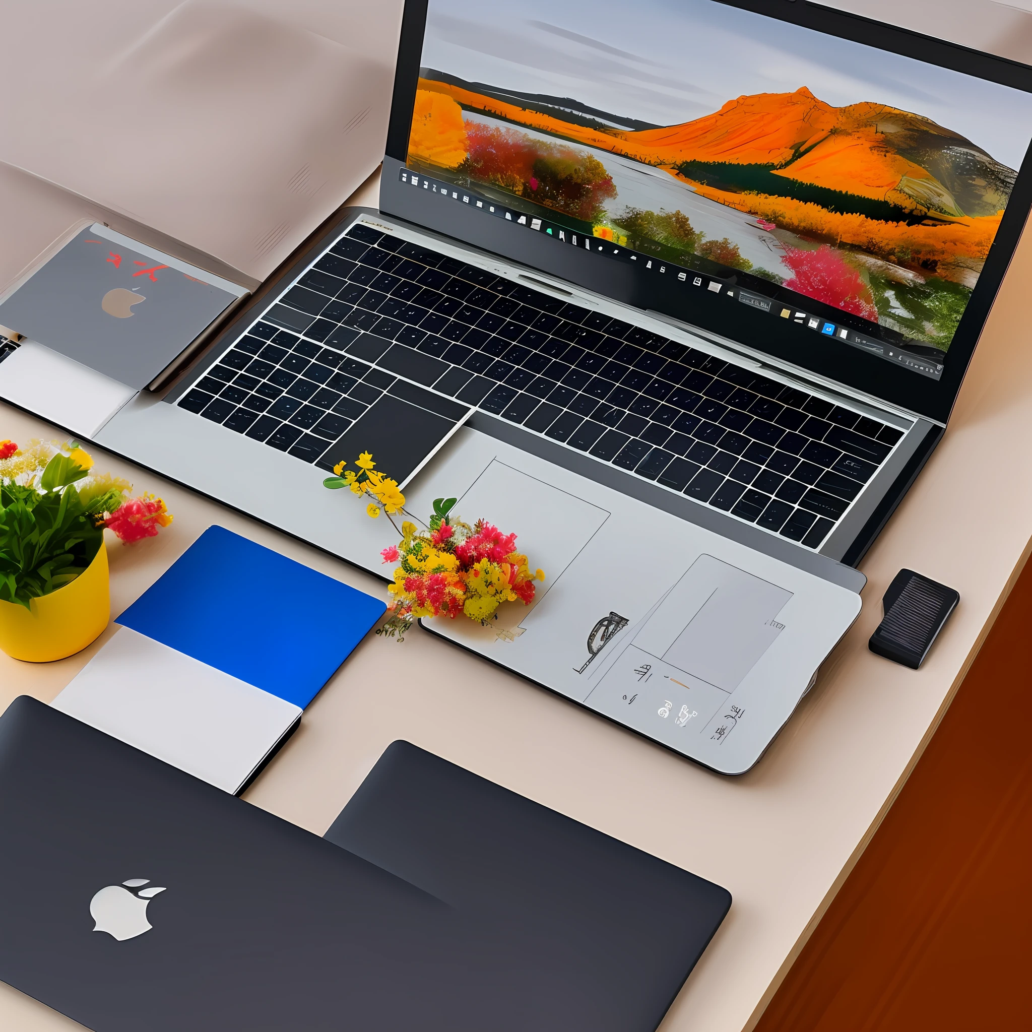 A laptop on a desk，A little decoration on the table，Give this laptop a close-up，Overall bright style。