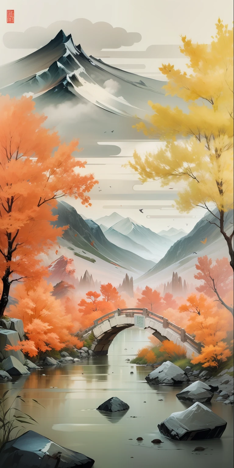 Poster design,Poster style,Sense of design,Ancient Chinese landscape painting,Mountains,maple leaf,Red and black color scheme,(Tree red,Lower right corner),Mountains and rivers black,Cloud,bird,Spread the picture,master masterpiece,quality,8K