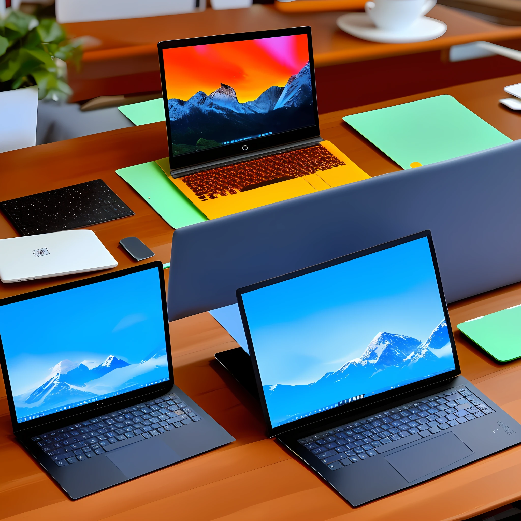 A laptop on a desk,A little decoration on the table,Give this laptop a close-up,Overall bright style。