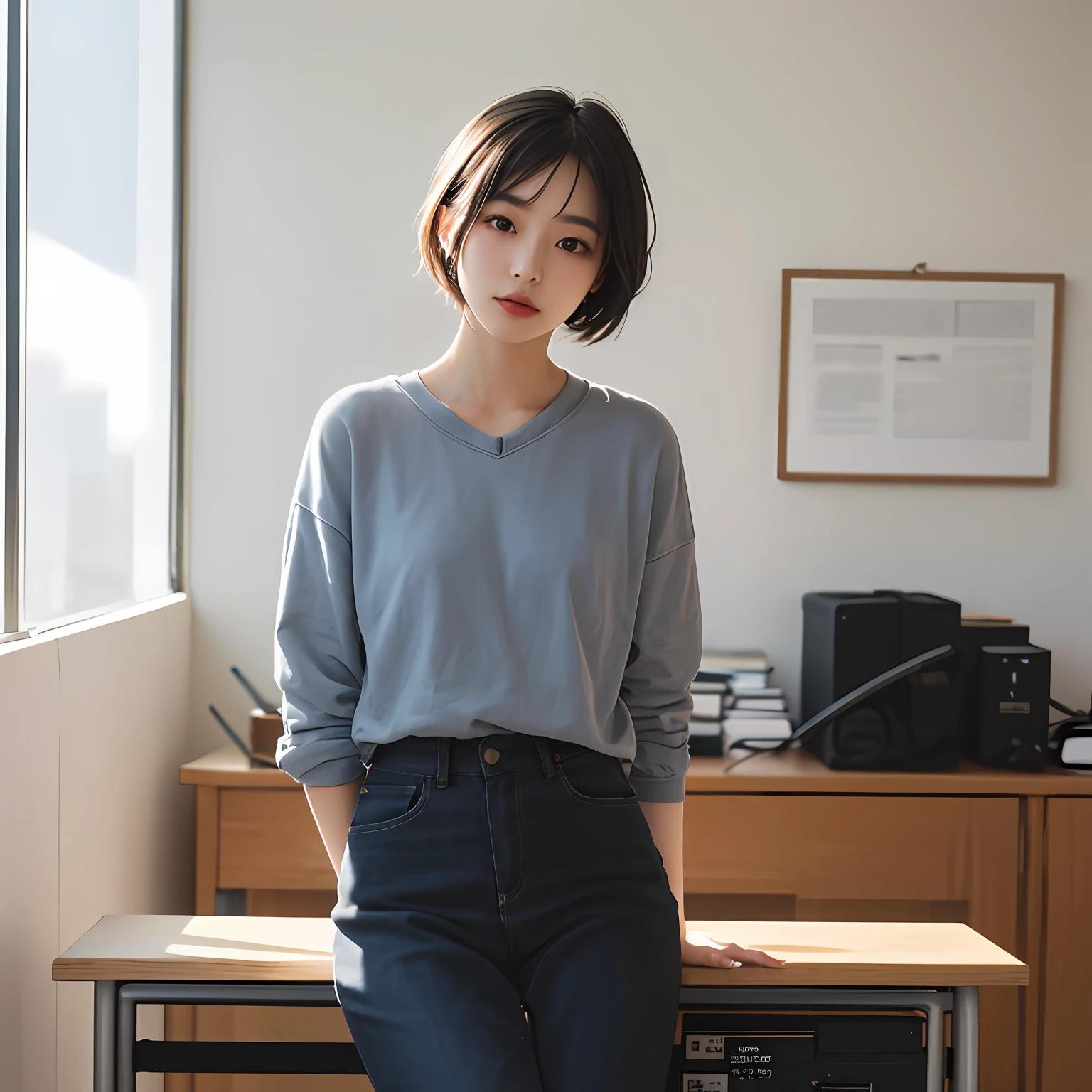 Minimalist study，Short-haired college girl，Delicate makeup，The girl sits at the desk，The background is a white wall，College girl facing the camera，70 focal length，F2.8,High-pitched picture，Majin screen，Department of Art，Side backlight， --auto