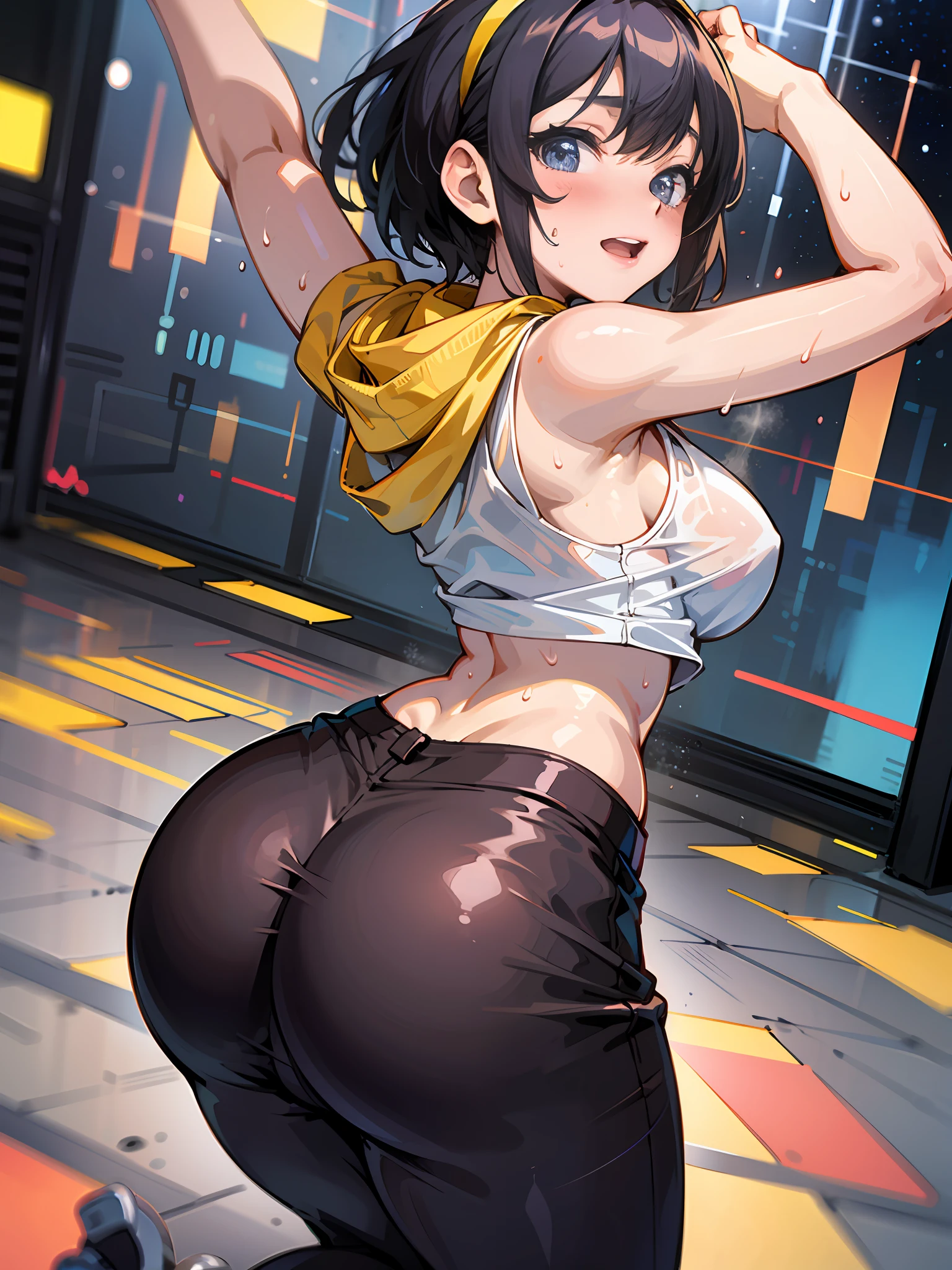 master masterpiece、ultra quality、hyper-detailed、Perfect drawing、solo、A girl、Dance Club、Breakdancer、Cargo pants、tank top、hairband、sneakers、Back Figure、dancing、round big buttocks、Butt Thrusting Pose、bulging bust top、blushed、sweat、Tanned skin:(1.5)、smiles、((Clothing that sticks to the body with sweat))、18yo、street、night sky、Shot from behind diagonally、Bust-up、See-through、Panty Line、dynamism、dance