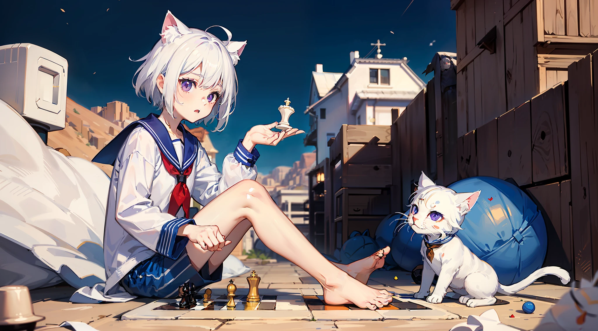 Pale skinned zombie white hair cat ears little boy,a short hair,Purple eyes,Blue and white striped sailor suit,Blue and white striped shorts,Barefoot,Play chess in the desert