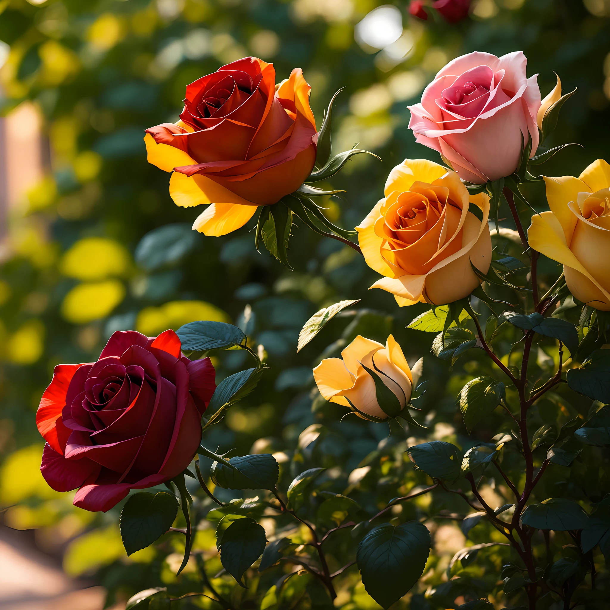 multicolor rose, sunlight, natural light, morning